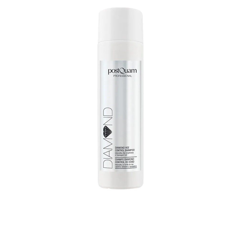 Weiße Shampoo-Flasche mit schwarzem und silbernem Etikett. Aufschrift: DIAMOND, PostQuam Professional, Age Control Shampoo.