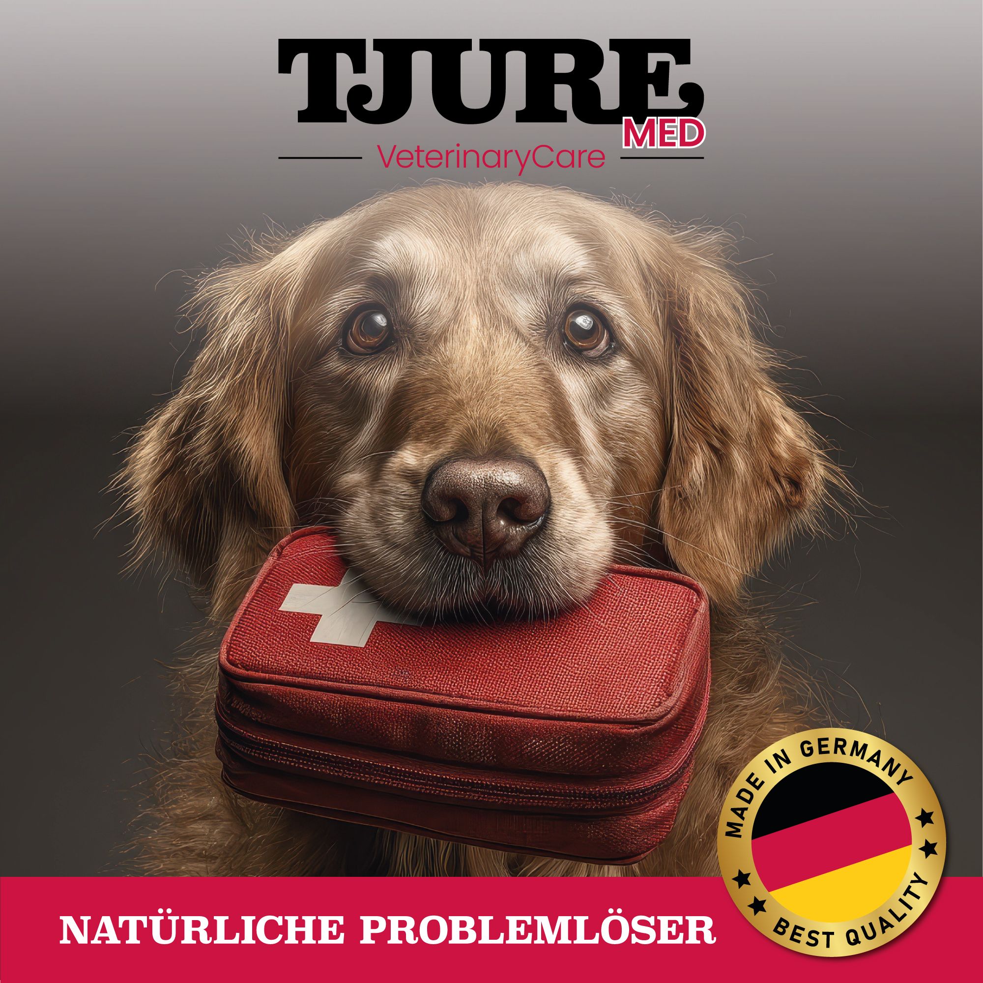 Goldener Retriever mit roter Erste-Hilfe-Tasche. Text: NATÜRLICHE PROBLEMLÖSER. Made in Germany. Best Quality.