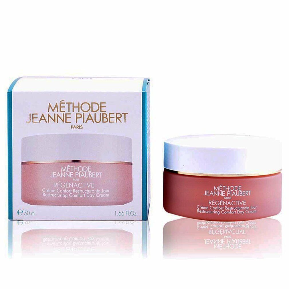 Creme-Tiegel und Schachtel. Aufschrift: MÉTHODE JEANNE PIAUBERT, RÉGÉNACTIVE, Crème Confort Restructurante Jour. Auf der Schachtel: 50 ml, 1.66 Fl.Oz.