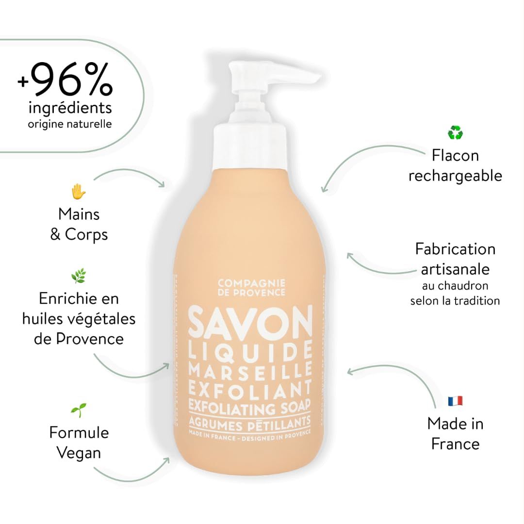 Beige Flüssigseife mit Pumpe. Text: Savon Liquide Marseille Exfoliant, Agrumes Pétillants. Angaben: +96% Inhaltsstoffe natürlichen Ursprungs.