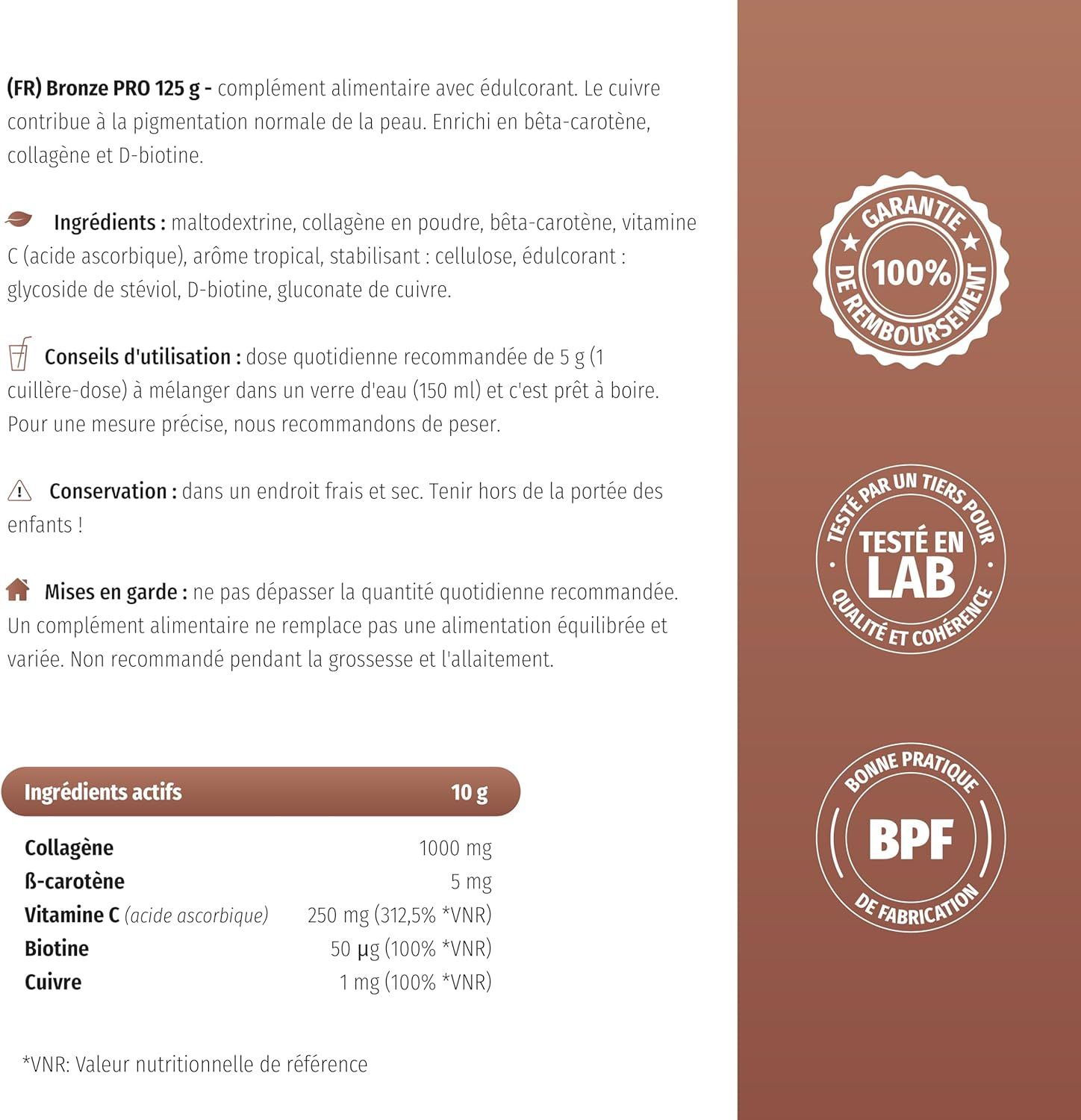 Informations sur le produit. Boîte "Bronze PRO" avec liste des ingrédients. Contient collagène, bêta-carotène, vitamines, biotine. Garantie.