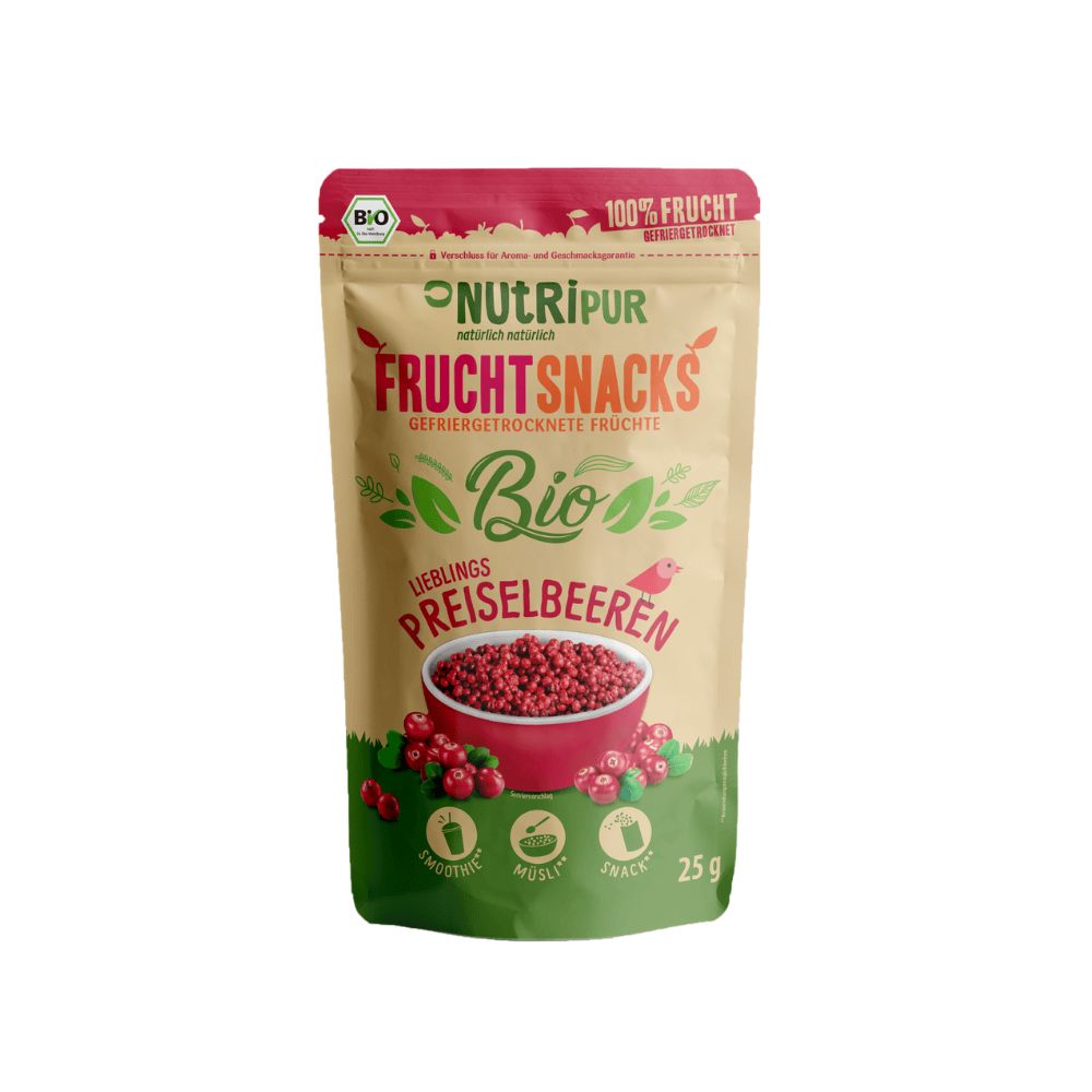 Beutel mit gefriergetrockneten Bio-Preiselbeeren. Aufschrift: NutriPur Frucht Snacks, Bio, 100% Frucht. Bio-Siegel.