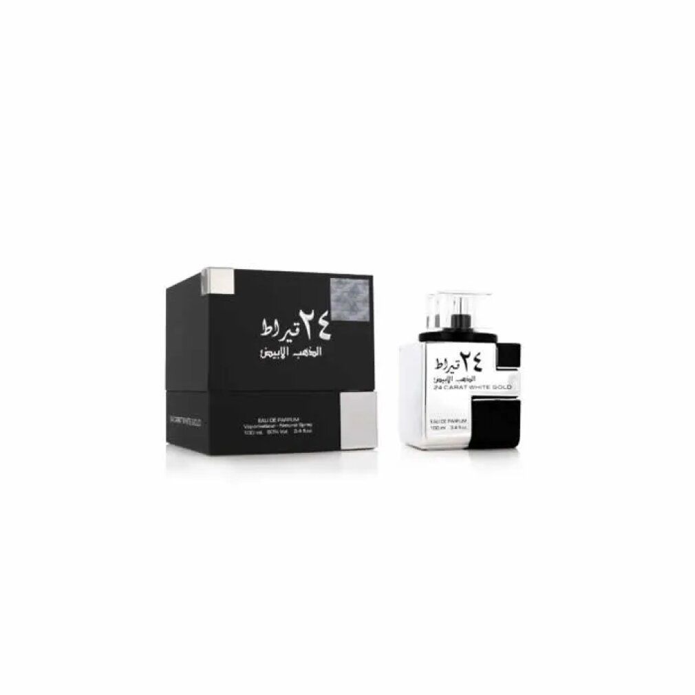 Schwarze und weiße Parfümflasche und -verpackung. Aufschrift: 24 Karat, Weißgold. Eau de Parfum. 100 ml.
