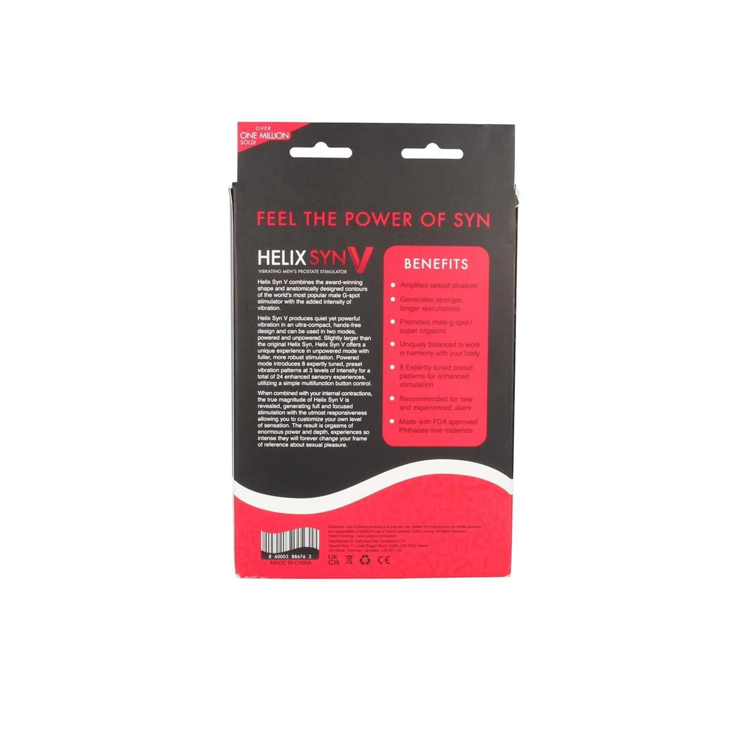 Rückseite der Produktverpackung. Schwarzer Hintergrund mit roter Schrift. Aufschrift: HELIX SYN V. Produktbeschreibung und Vorteile.