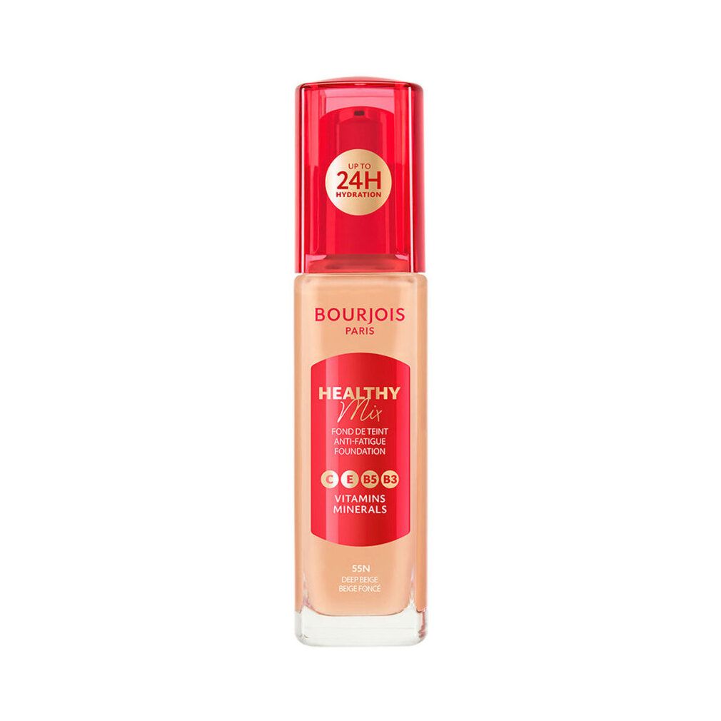 Make-up-Basis in einer Glasflasche mit rotem Deckel. Aufschrift: Bourjois Paris, Healthy Mix, Fond de Teint Anti-Fatigue, 24H Hydratation.