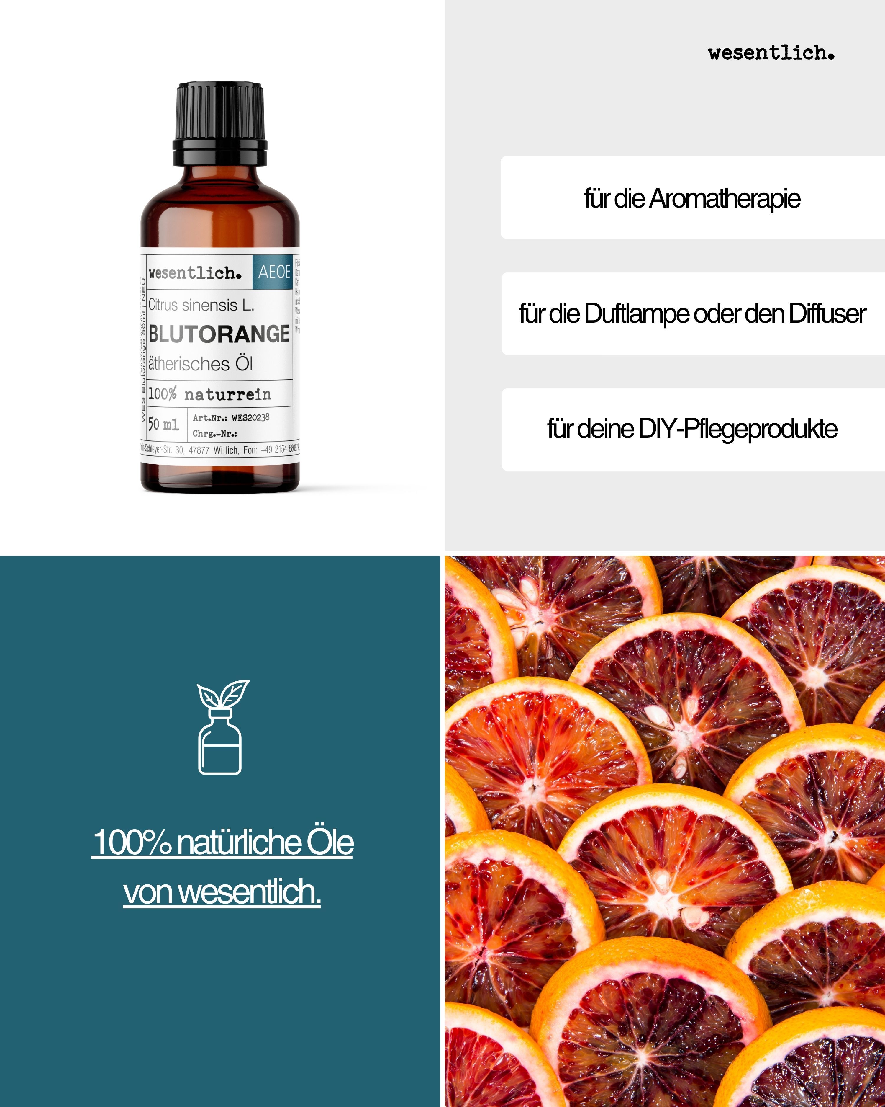 Flasche ätherisches Blutorange Öl neben Texten über Aromatherapie und DIY-Produkte. Scheiben von Blutorangen.