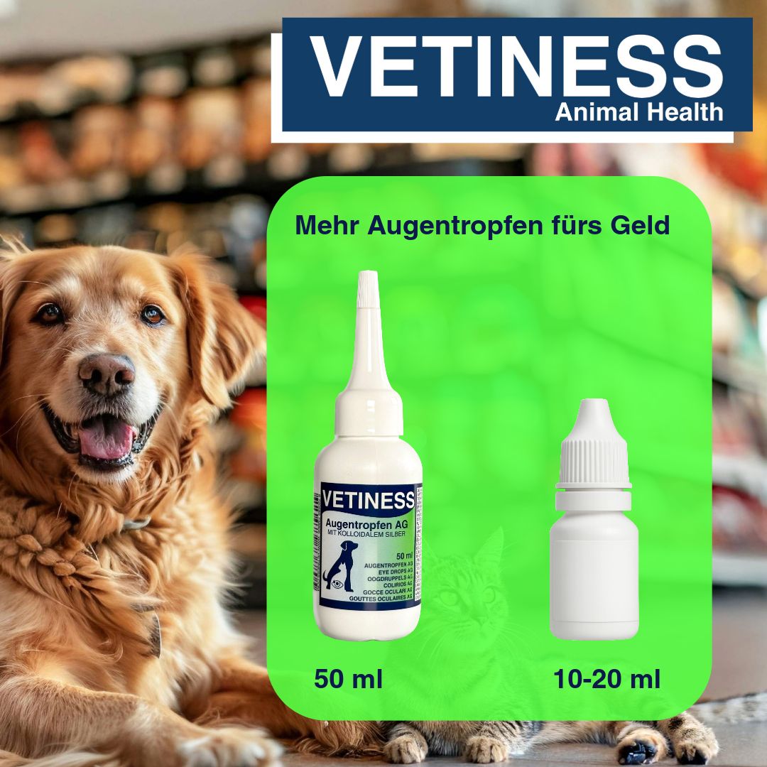 Hund und Katze neben zwei Flaschen Augentropfen. Text: Mehr Augentropfen fürs Geld. Größen: 50 ml und 10-20 ml.