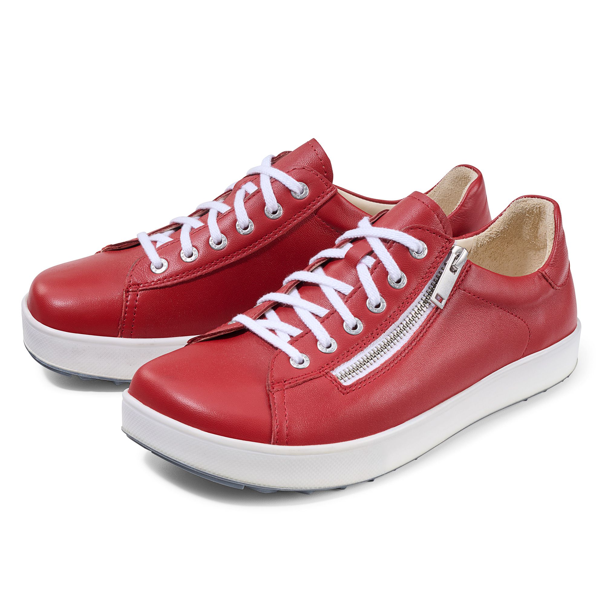 Rote Lederschnürschuhe mit weißer Sohle und Reißverschluss. Weiße Schnürsenkel. Seitlicher Reißverschluss.