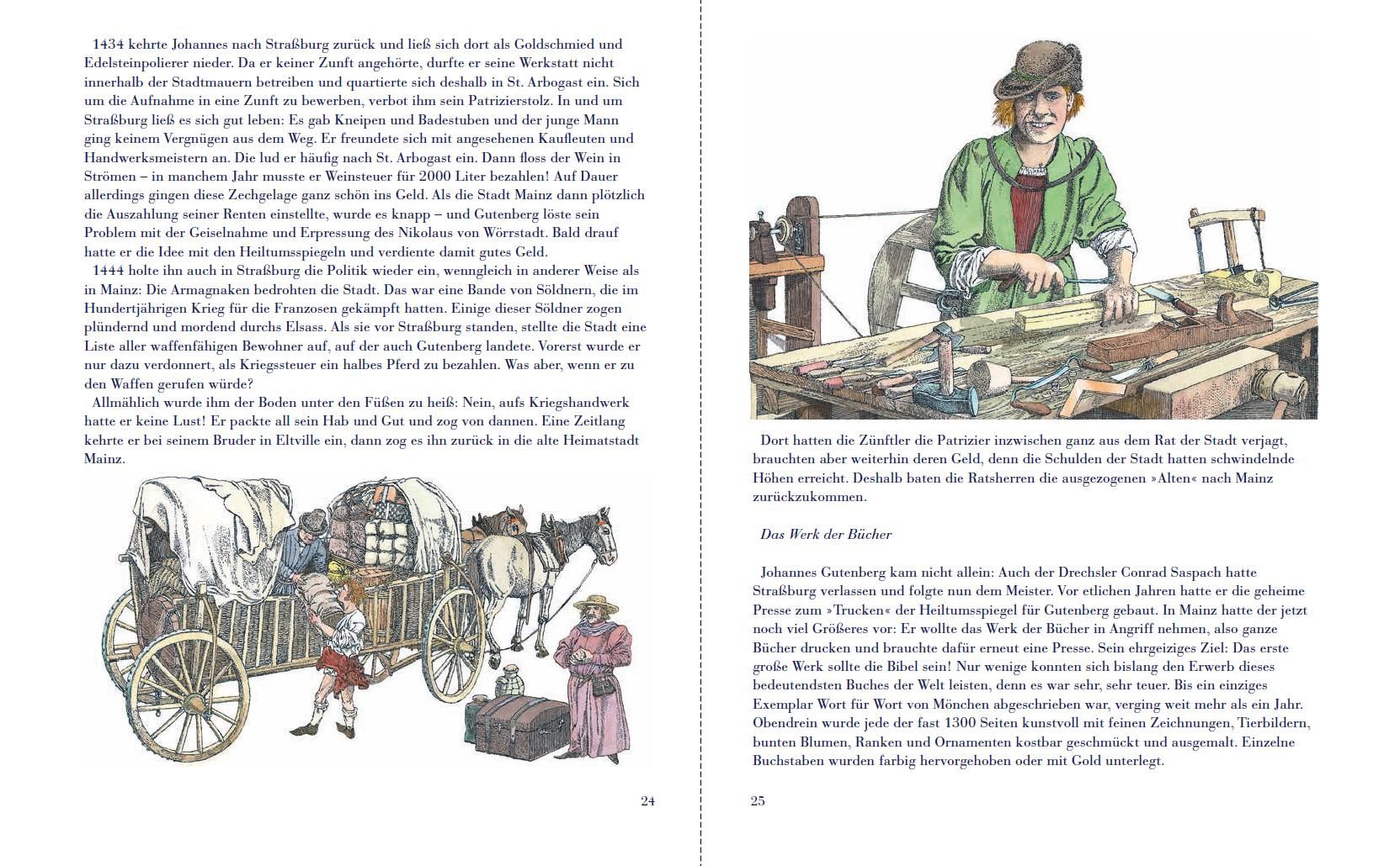Doppelseite aus einem Buch mit Illustrationen. Eine zeigt Johannes Gutenberg mit einem Wagen, die andere Text.