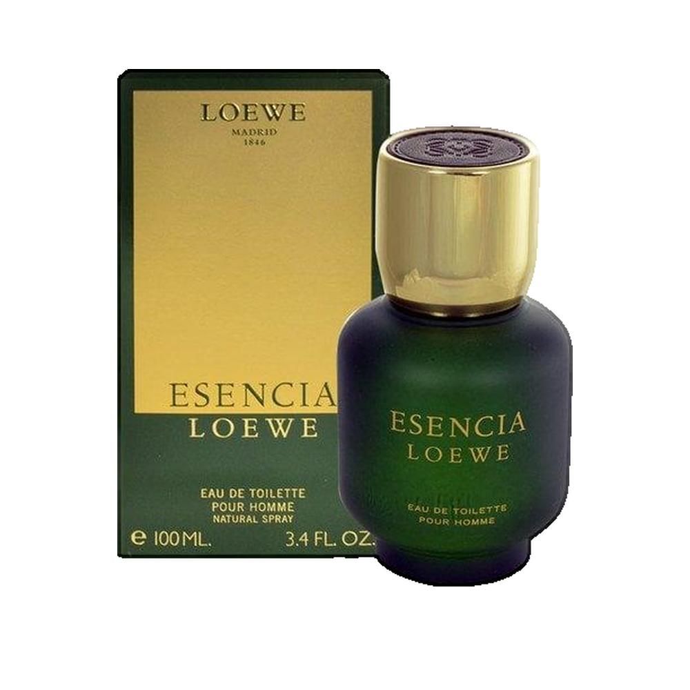 Grüner Flakon mit goldfarbenem Deckel und Verpackung. Aufschrift: Esencia Loewe. 100 ml.