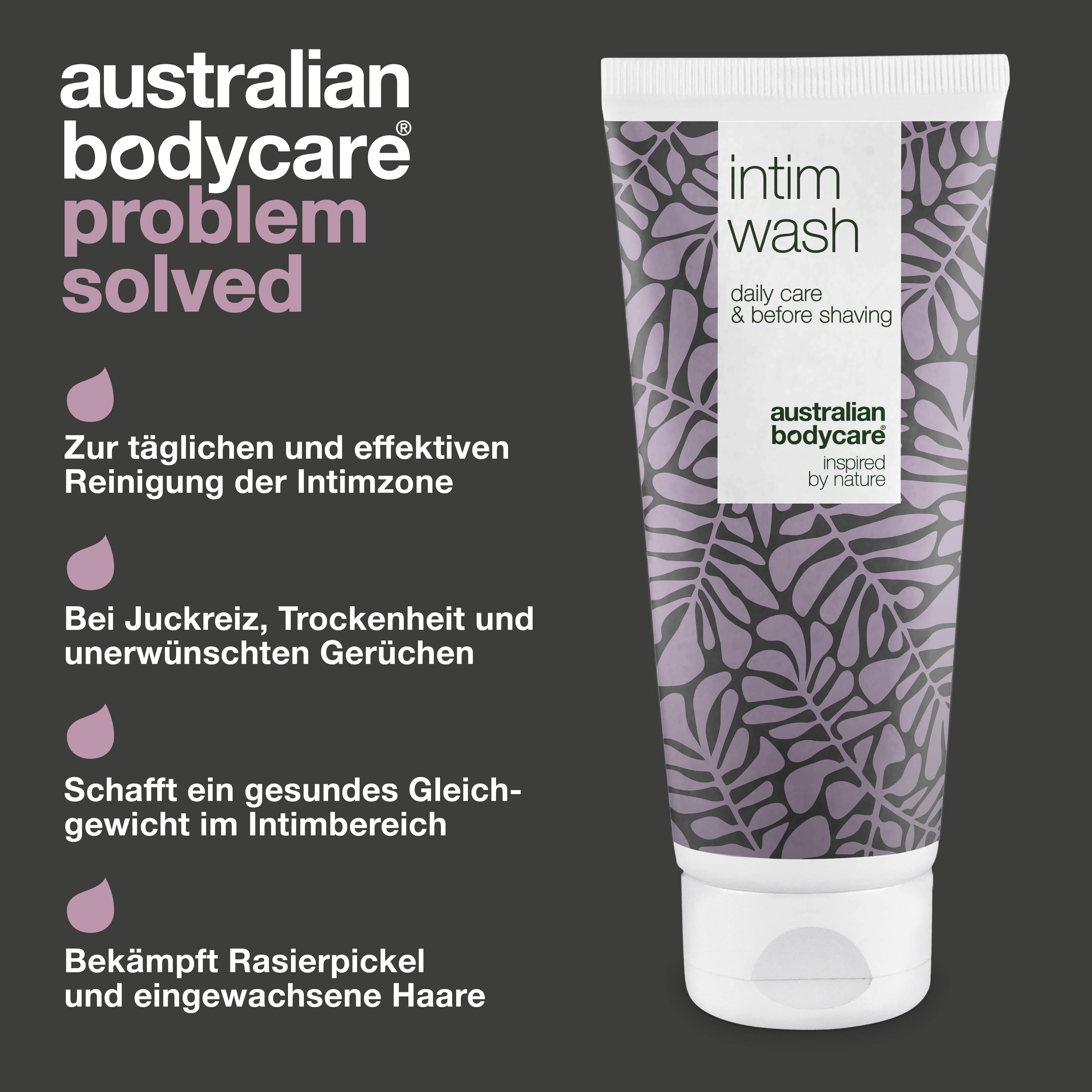 Grafik: Problem gelöst. Tube Intimwaschlotion. Text: Australian Bodycare, Zur täglichen Reinigung, etc.