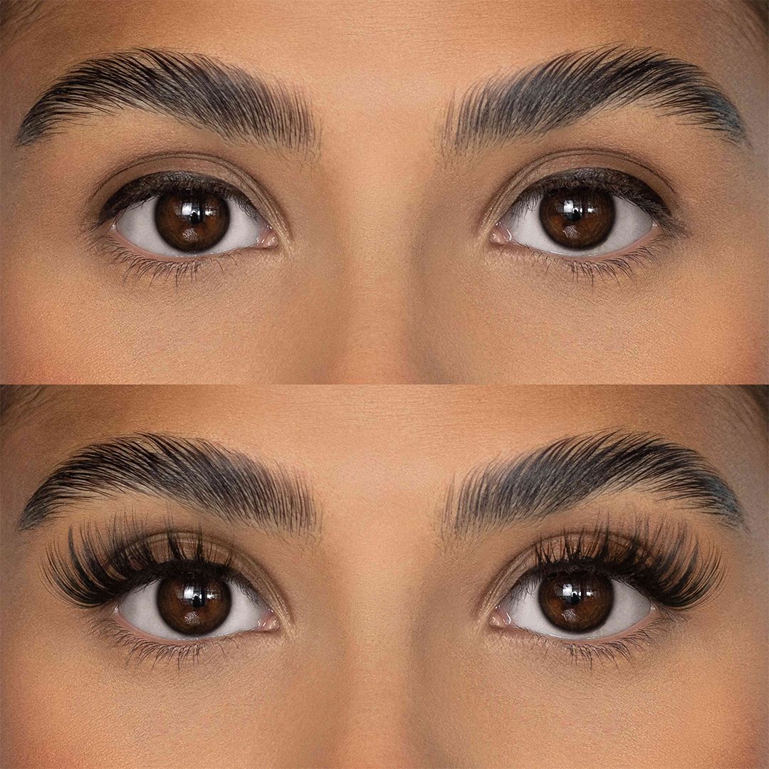Augenpaar mit und ohne Kunstwimpern. Oben: Augen ohne Wimpern. Unten: Augen mit langen, schwarzen Kunstwimpern.