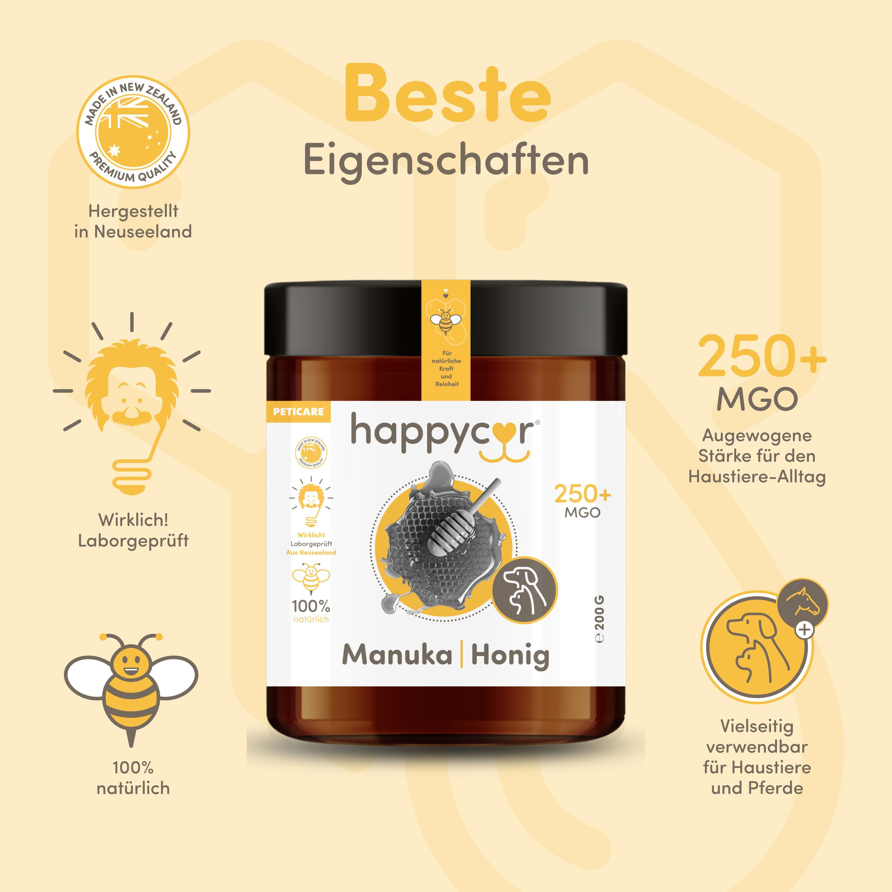 Braunes Glas mit schwarzem Deckel. Aufschrift happycor Manuka Honig MGO 250+. Etiketten mit Logos und Text. 200g.