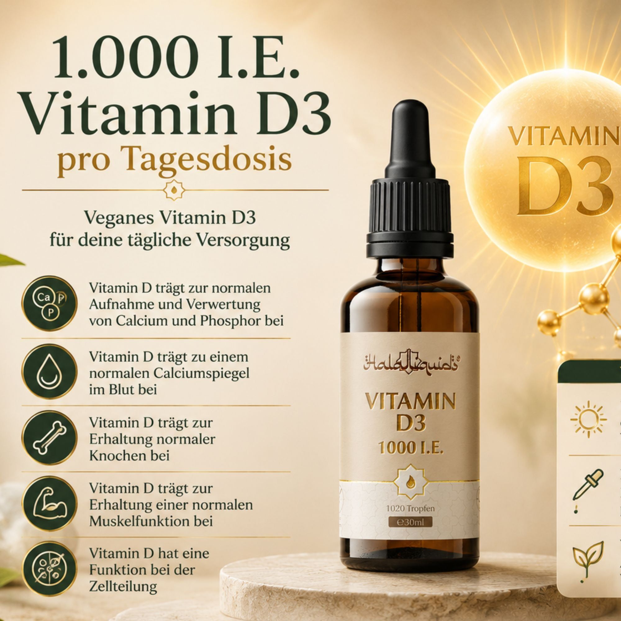 Flasche Vitamin D3 Tropfen 1000 I.E. mit Icons zu Knochen, Muskeln, Zähnen, Zellteilung.