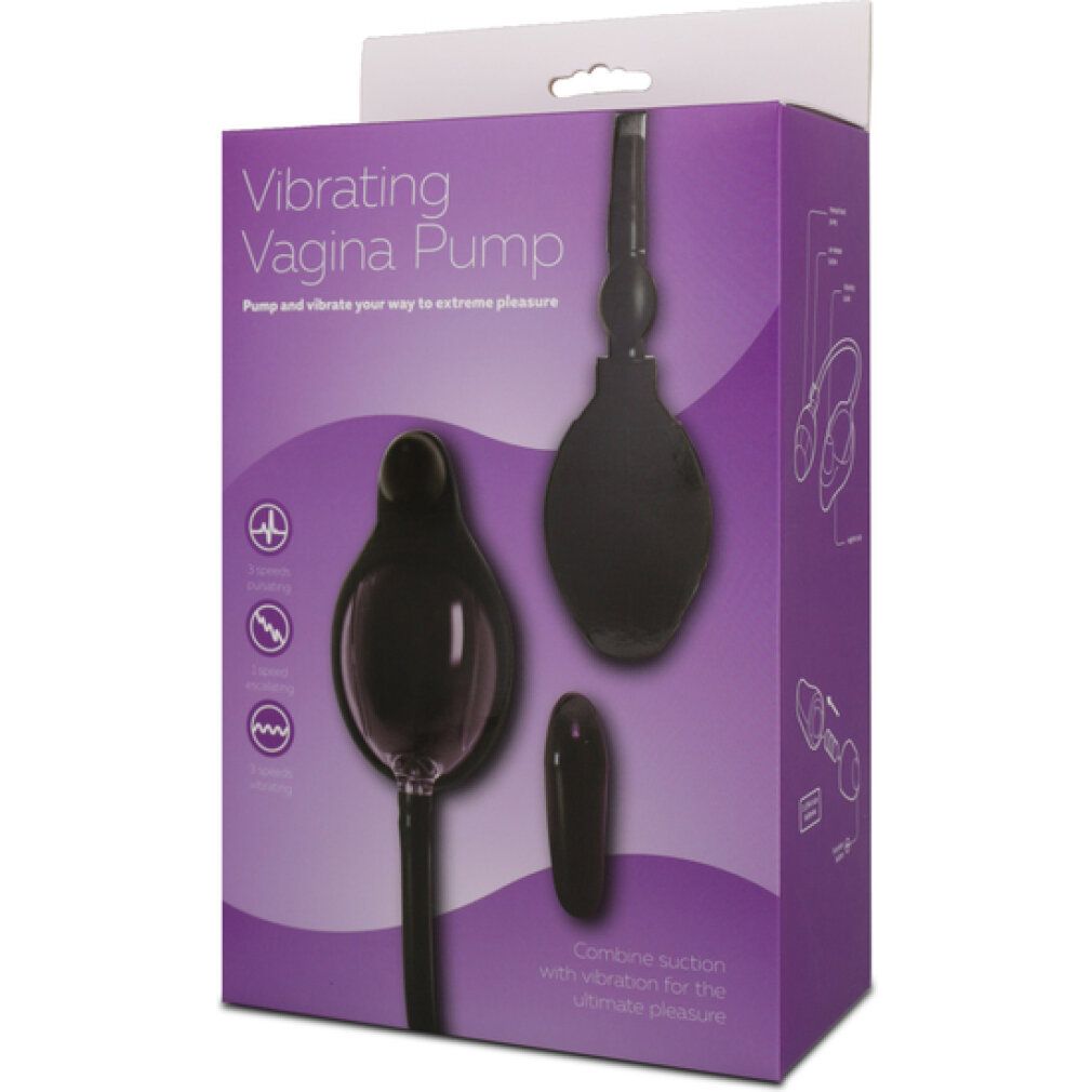 Produktverpackung mit Produktabbildung. Aufschrift: Vibrating Vagina Pump. Drei schwarze Komponenten sind abgebildet.