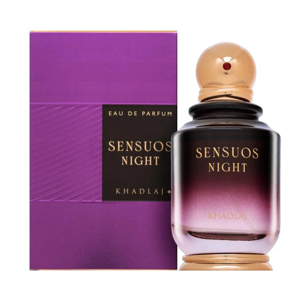 Damenparfüm Khadlaj Sensuos Night edp. Flakon mit goldfarbenem Verschluss und lila Verpackung. Text: Sensuos Night, Khadlaj.