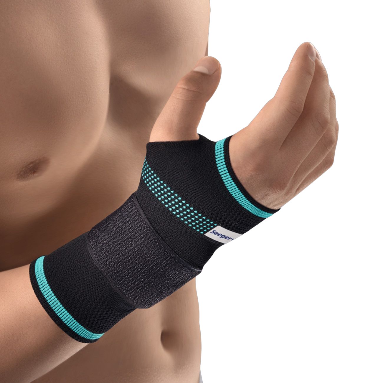 Handgelenkbandage, schwarz mit türkisfarbenen Akzenten. Auf Handgelenk getragen. Marke Seeger.