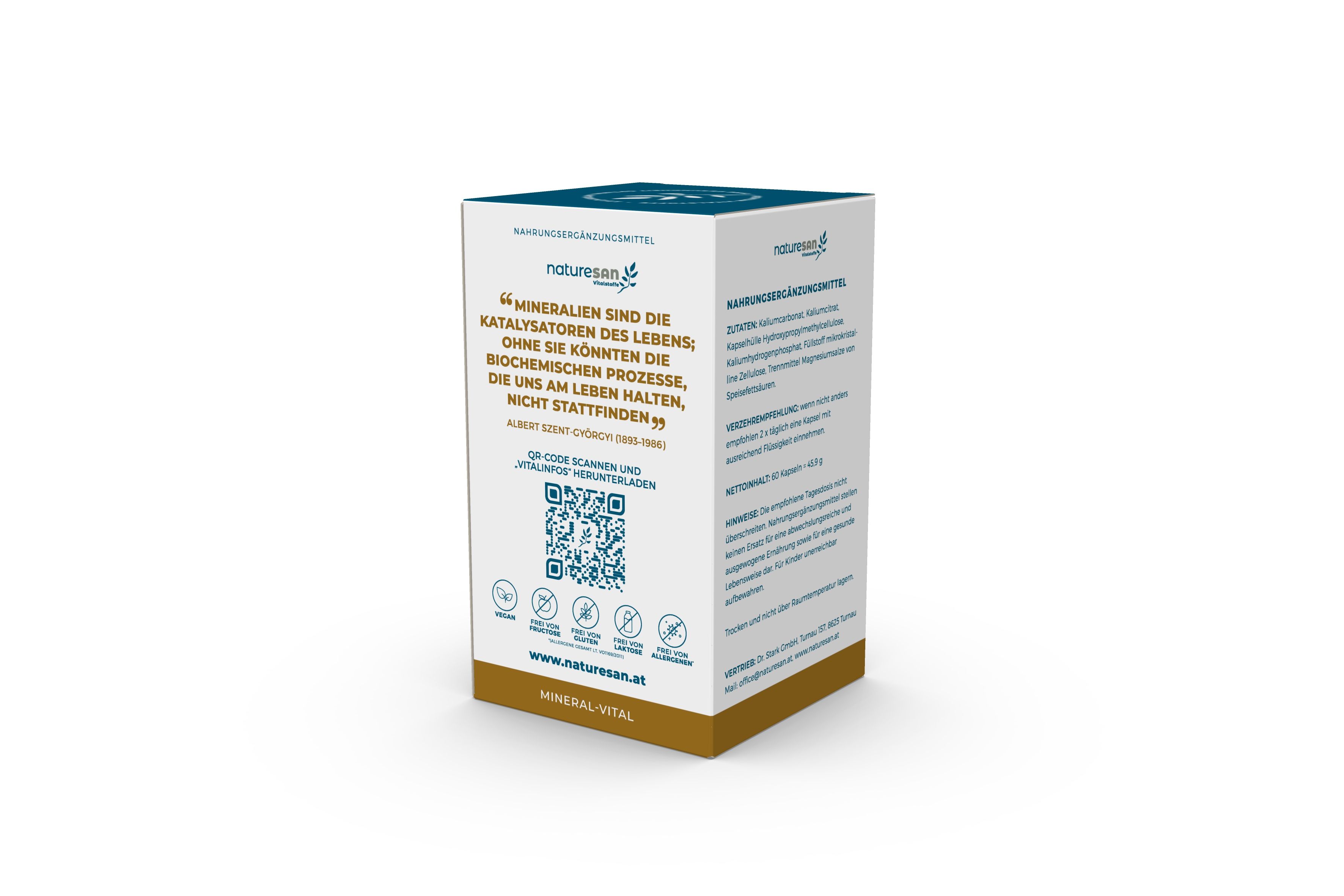 Rückseite der Kartonverpackung. Text und QR-Code. Naturesan Logo. Mineral-Vital. Weiß-blauer Hintergrund.