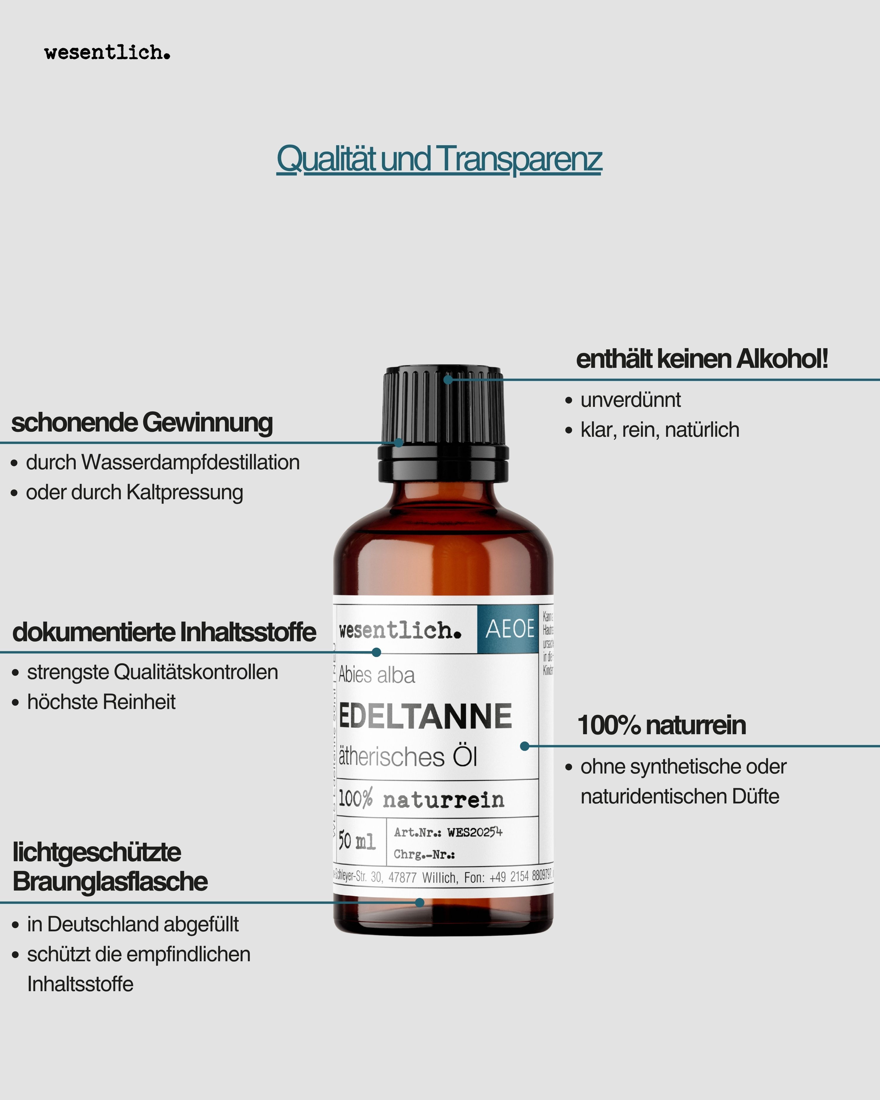 Flasche Edeltannenöl mit Merkmalen: "schonende Gewinnung", "dokumentierte Inhaltsstoffe", "lichtgeschützte Braunglasflasche", "enthält keinen Alkohol".