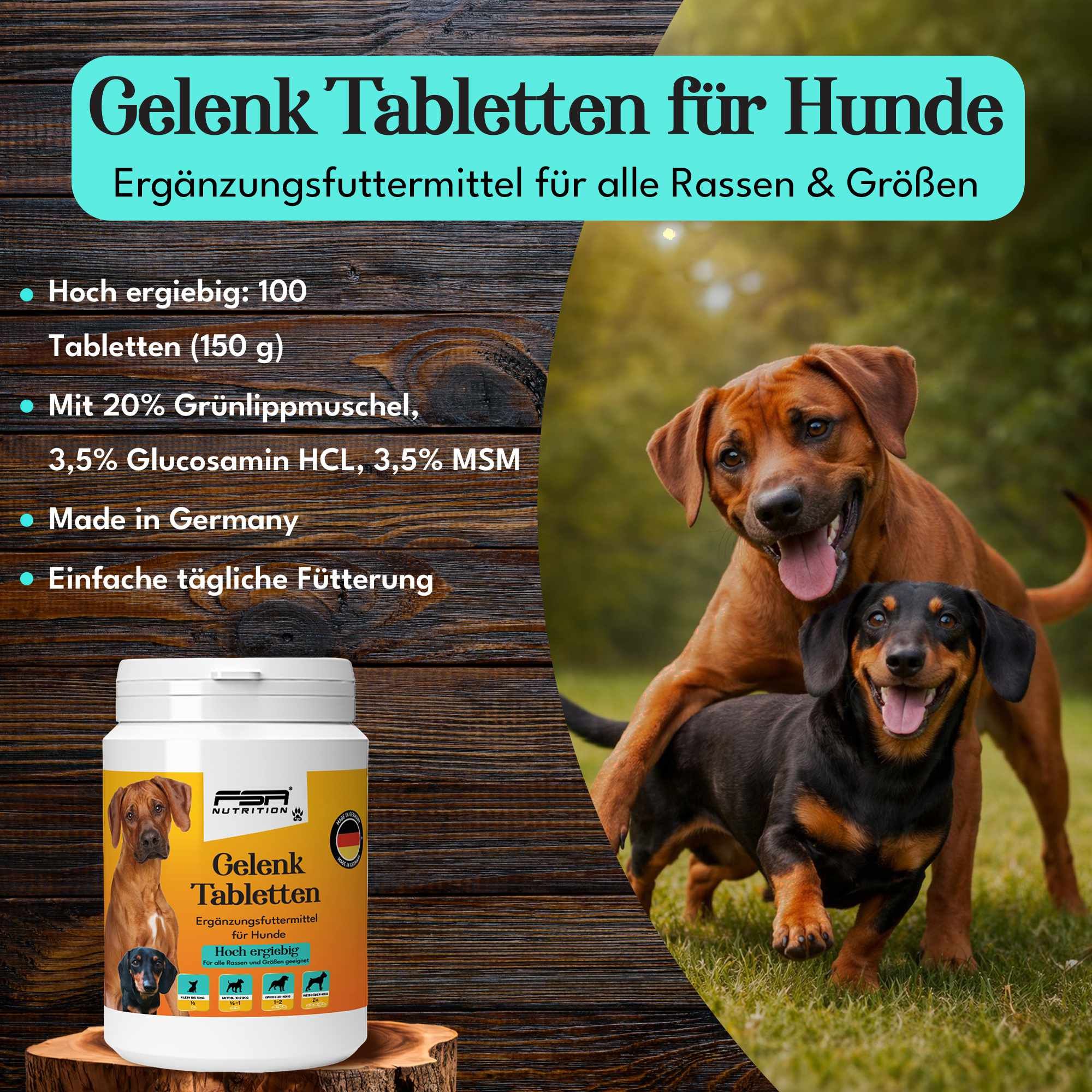Weißes Tabletten-Behältnis mit Etikett. Text: Gelenk Tabletten für Hunde. Hunde-Abbildungen. Grünlippmuschel, Glucosamin, MSM. Made in Germany.