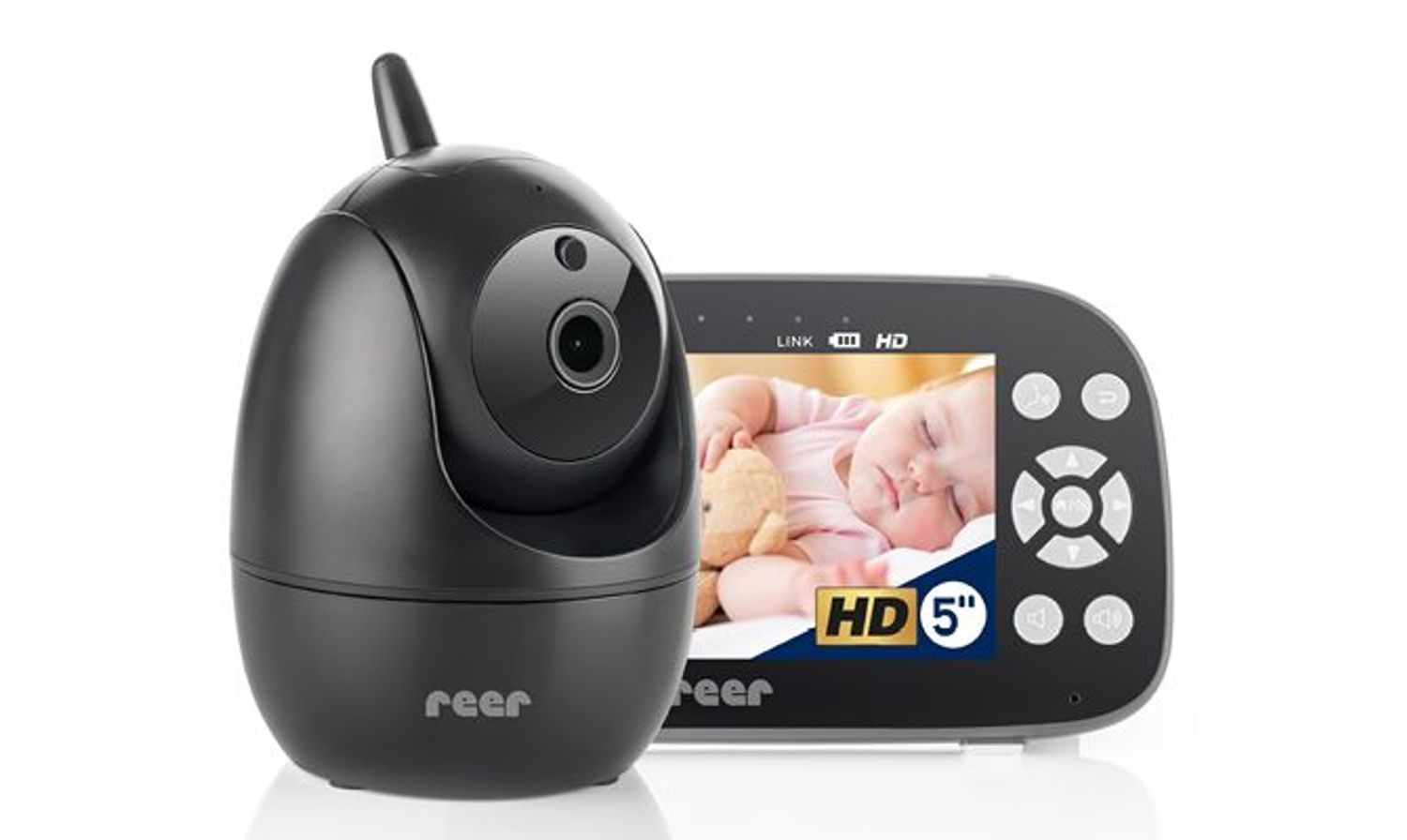 Babyphone-Set mit Kamera und 5" HD-Display, zeigt schlafendes Baby.