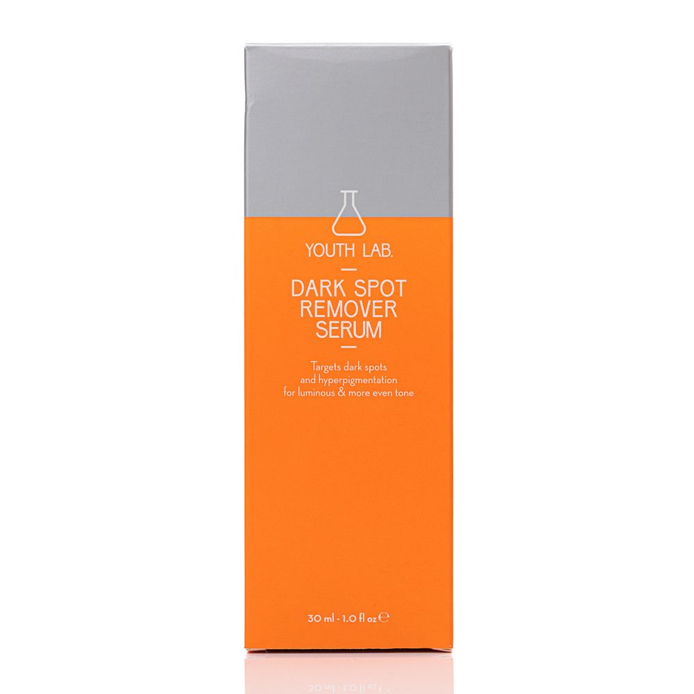 Verpackung in Orange und Grau. Aufschrift: YOUTH LAB Dark Spot Remover Serum. Enthält 30 ml.