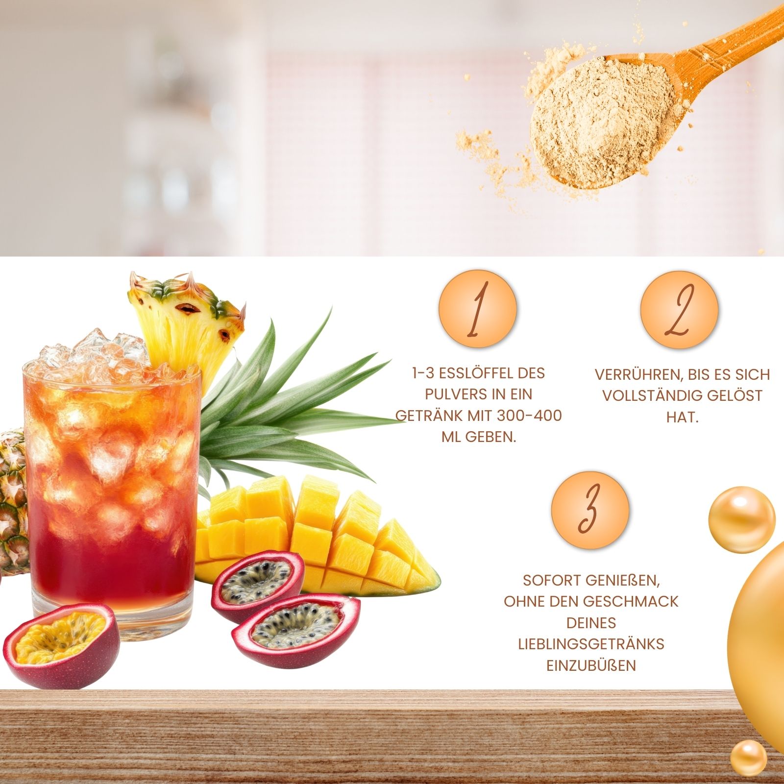 Zubereitung: Pulver in Getränk geben, verrühren, genießen. Mango, Passionsfrucht, Eiswürfel, Löffel.