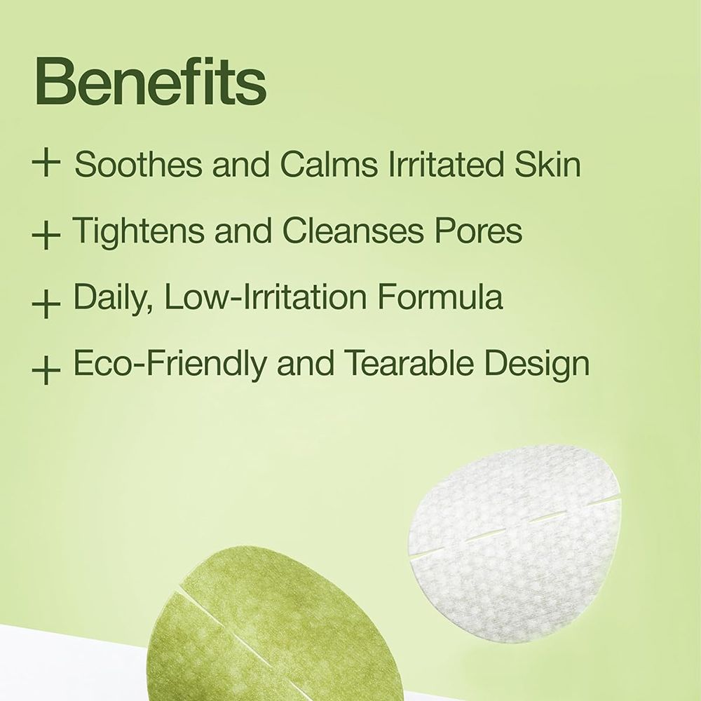 Text: Vorteile: Beruhigt und besänftigt gereizte Haut, strafft und reinigt Poren, tägliche, reizarme Formel, umweltfreundliches und reißbares Design. Pads.