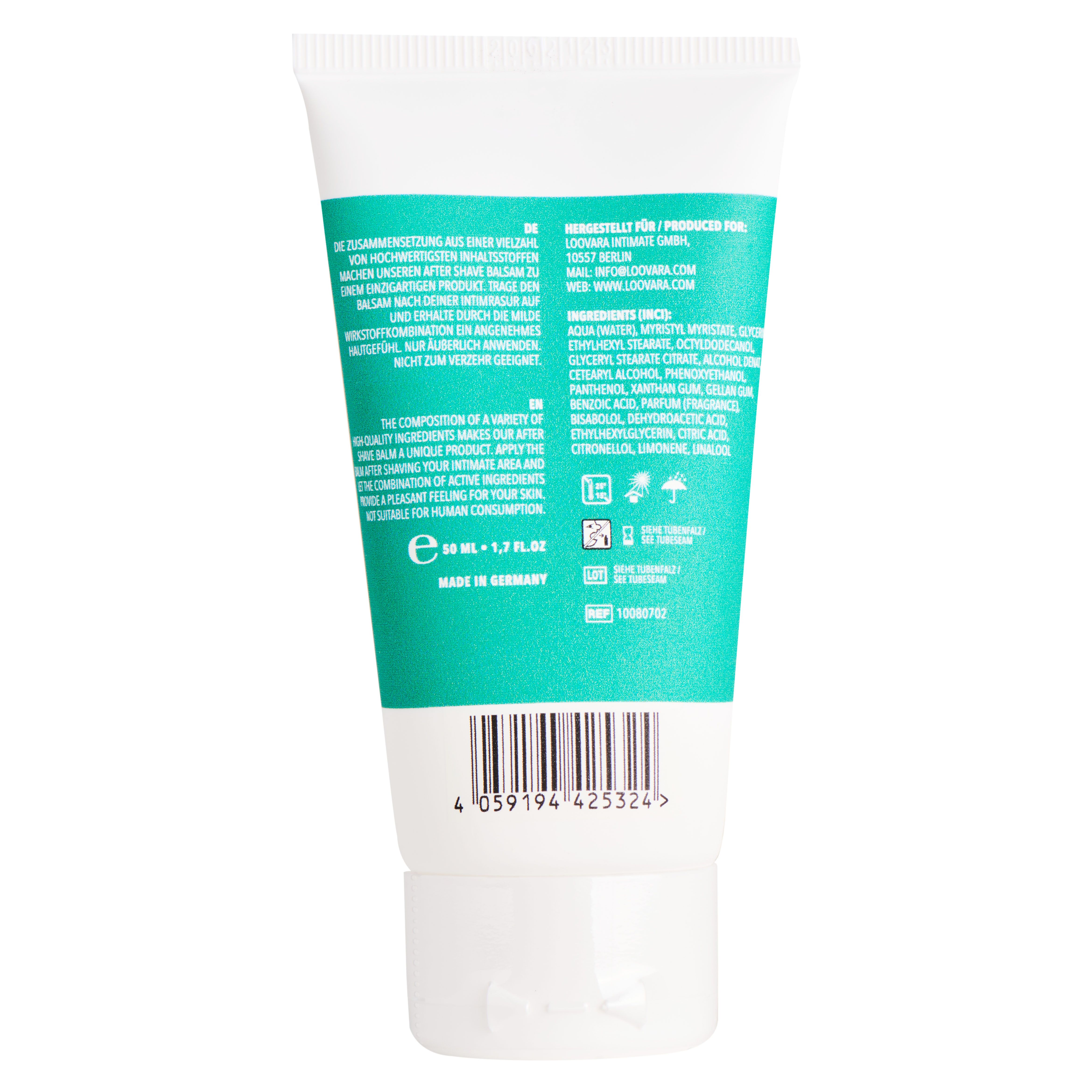 Rückseite der Tube. Text in Deutsch und Englisch. Barcode und Inhaltsstoffe.