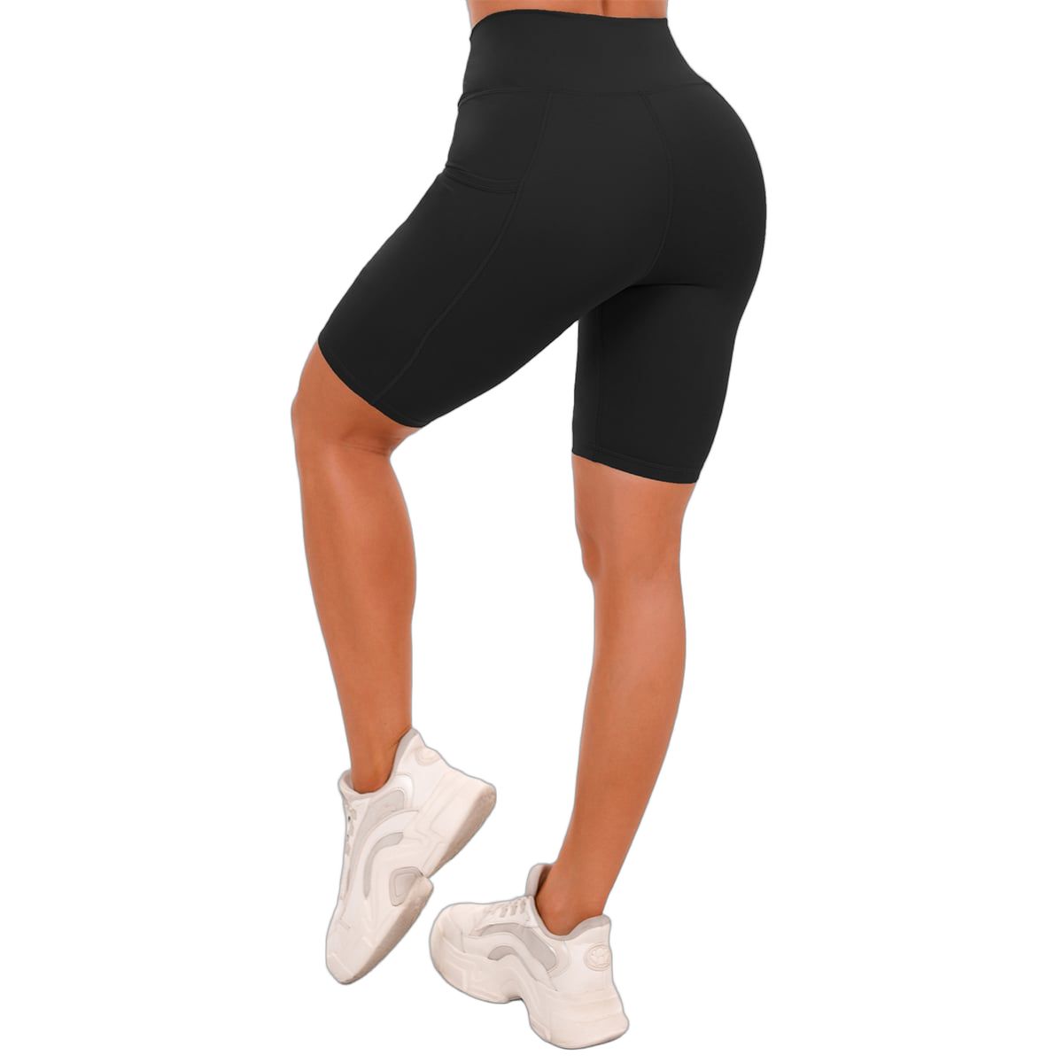 Rückansicht von schwarzen Damen-Biker-Shorts mit hoher Taille.