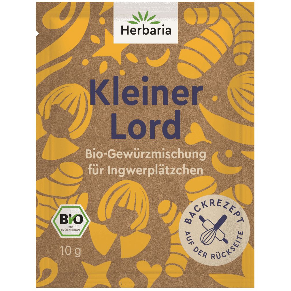 Verpackung mit Aufdruck. Text: Herbaria, Kleiner Lord, Bio-Gewürzmischung. Bio-Siegel. Aufdruck: Backrezept auf der Rückseite. Inhalt: 10 g.