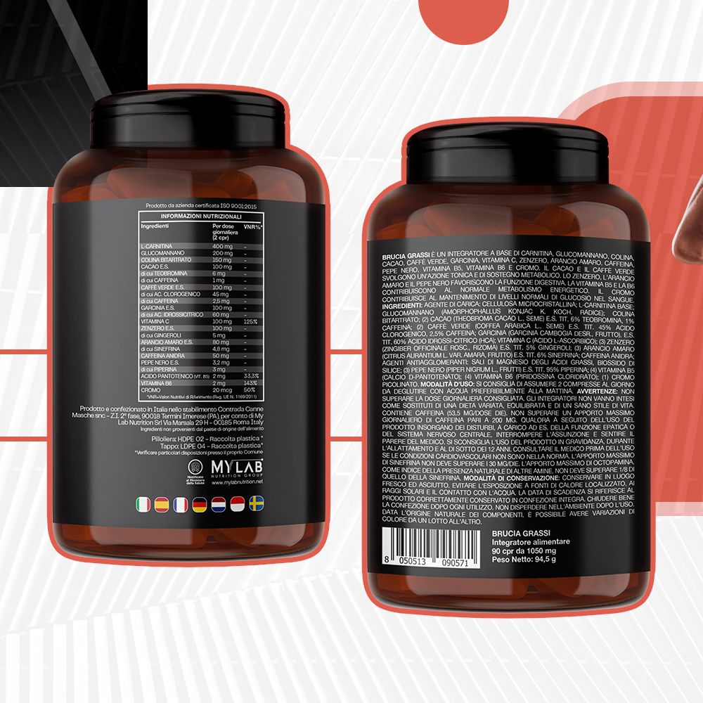 Due flaconi di prodotto con etichette. Vista dettagliata degli ingredienti e delle informazioni nutrizionali. Marchio: MYLAB.
