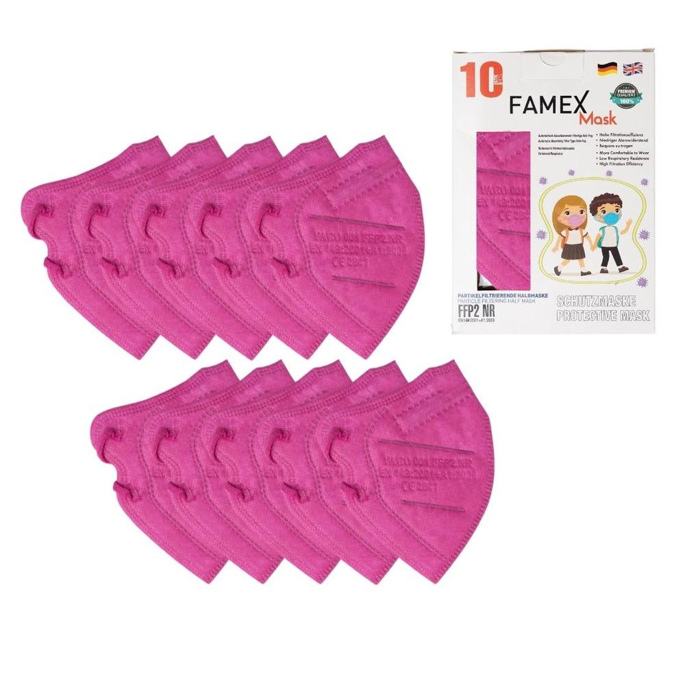 Zehn pinke FFP2-Masken. Eine Packung mit FAMEX-Masken, Illustrationen von Kindern mit Masken. Aufdruck: FFP2.