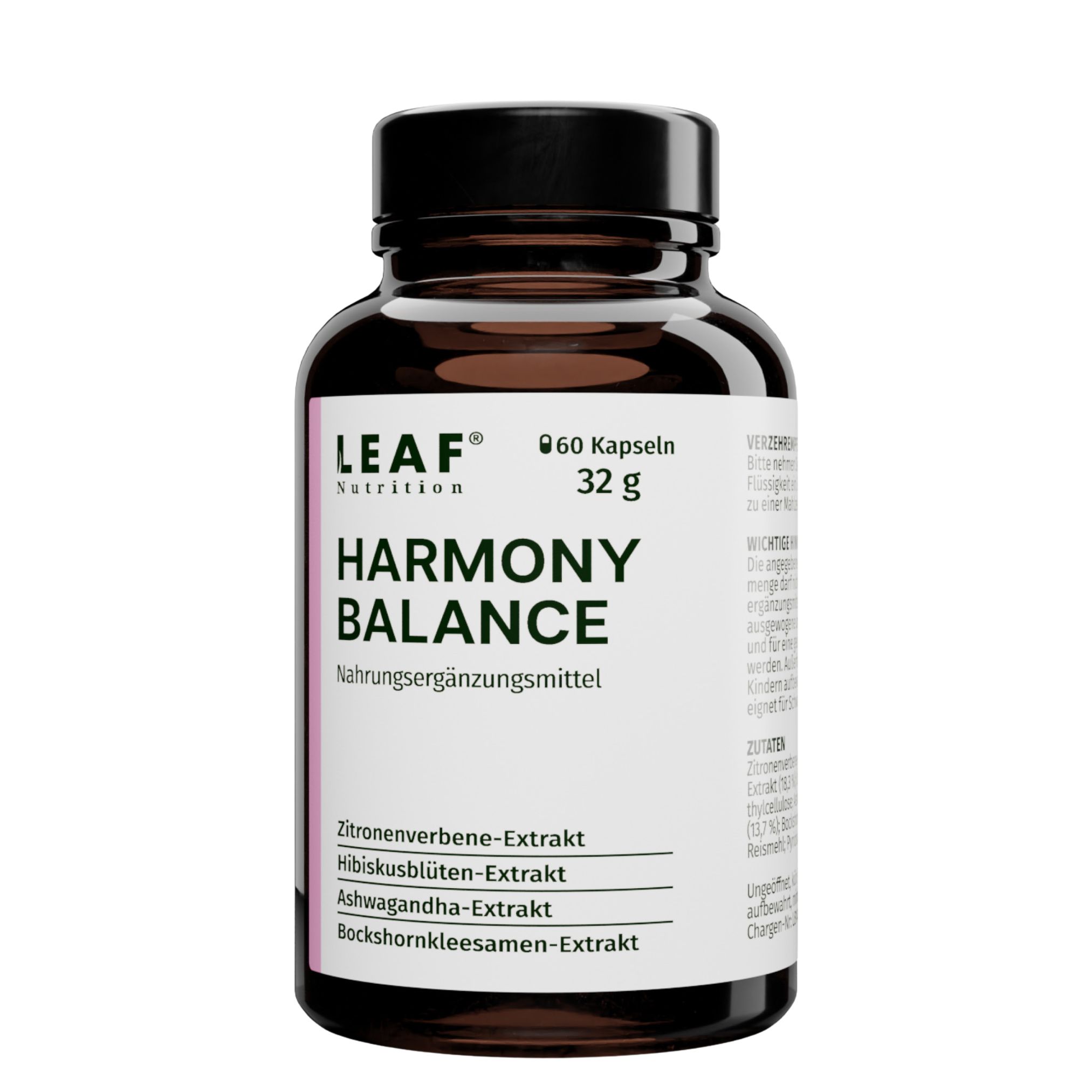 Braune Flasche mit schwarzem Deckel. Aufschrift: LEAF Nutrition, Harmony Balance, 60 Kapseln, 32 g. Zutatenliste auf Etikett.