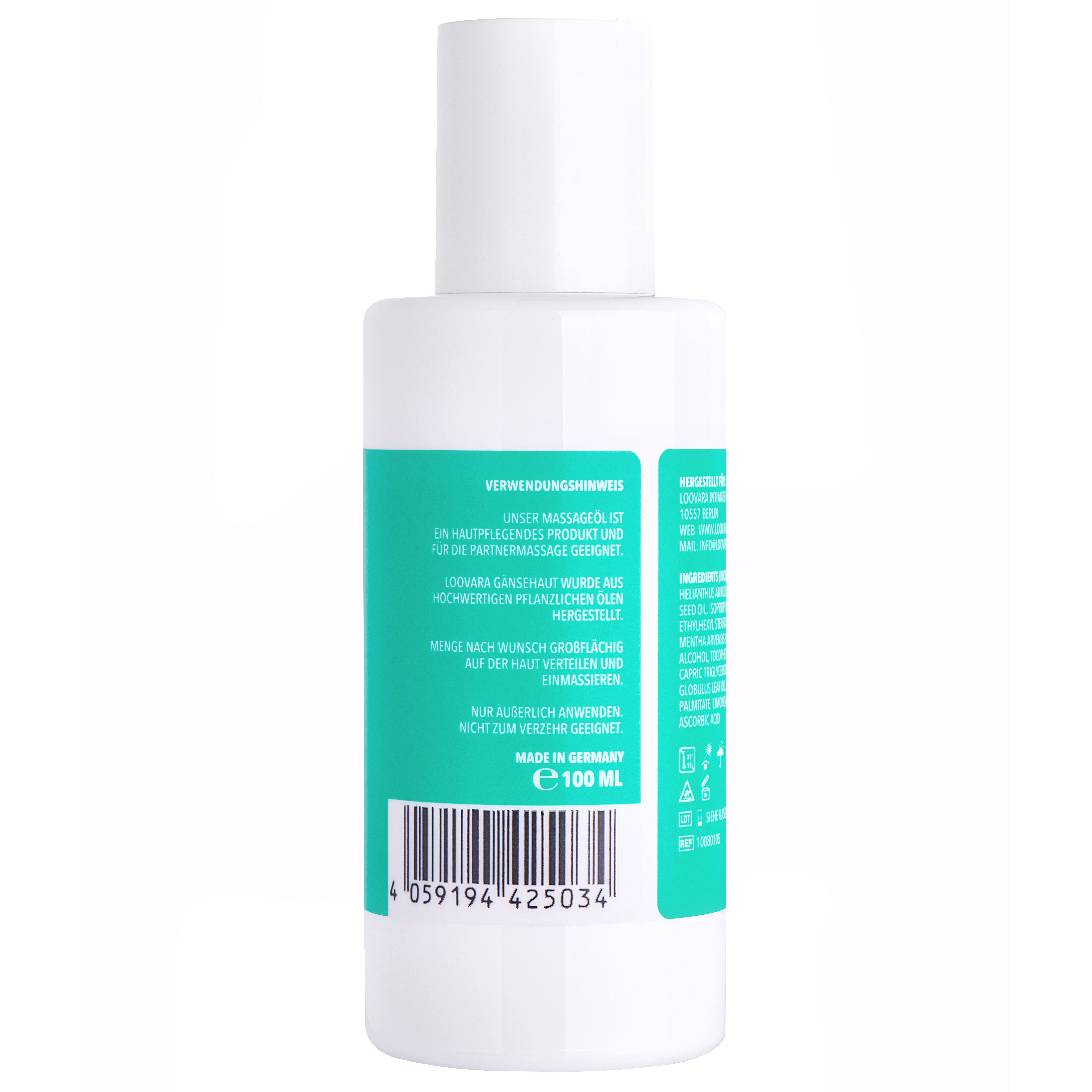 Rückseite einer weißen Flasche mit türkisfarbenem Etikett. Text: Verwendungshinweis, Barcode, 100 ml.