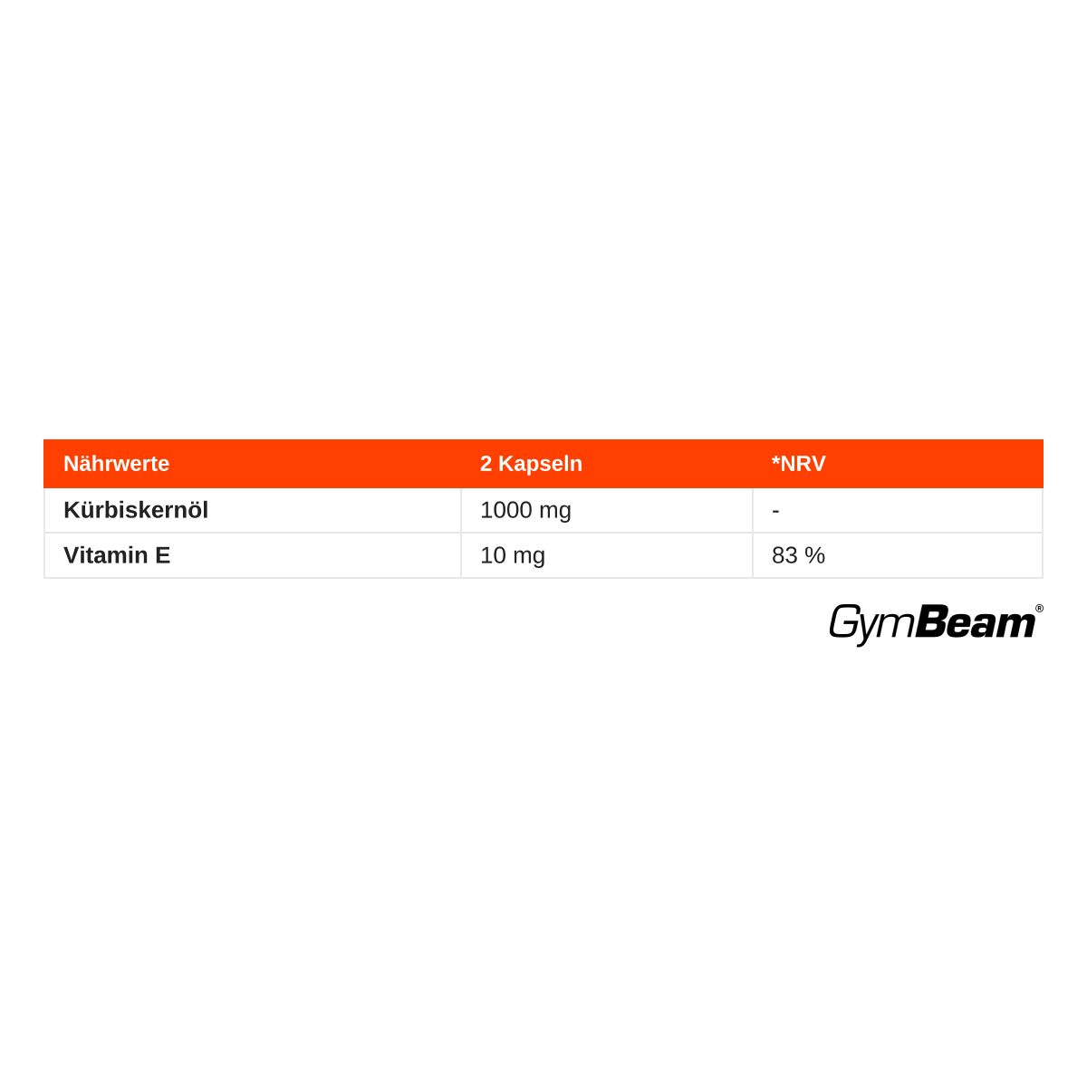 Nährwerttabelle: Kürbiskernöl 1000 mg, Vitamin E 10 mg (83% NRV) pro 2 Kapseln.