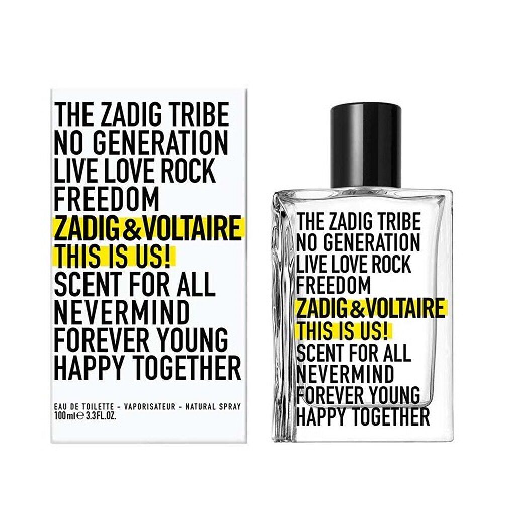 Parfümflakon und Verpackung. Aufschrift: Zadig & Voltaire, This is Us! Gelbe Schrift. Quadratische Form.