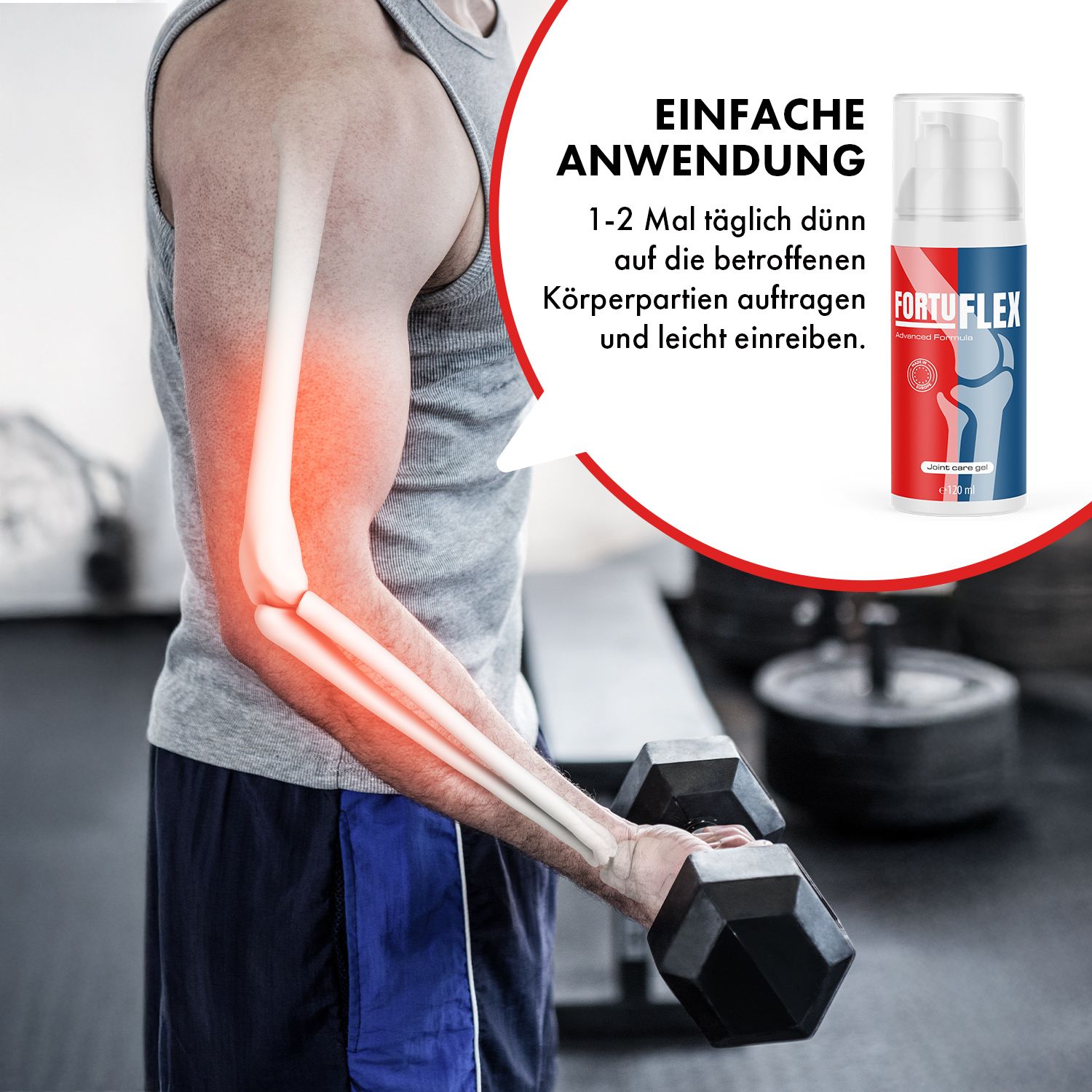 Mann trainiert mit Hantel, Ellbogen hervorgehoben. Fortuflex Gel-Flasche im Bild. Aufschrift: Fortuflex. Text: Einfache Anwendung, 1-2 Mal täglich dünn auftragen.