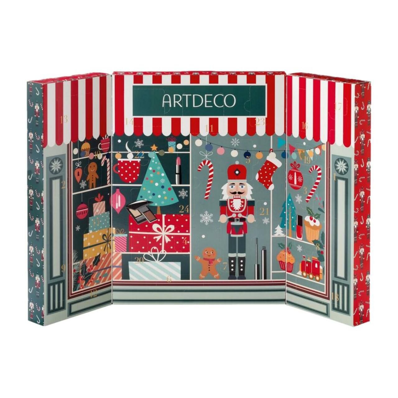 Adventskalender mit weihnachtlichem Design. Aufschrift ARTDECO. Innen mit weihnachtlichen Motiven und Produkten.
