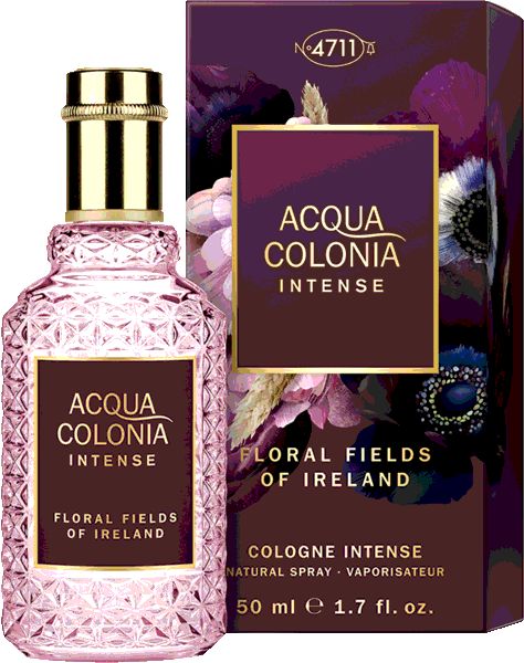 Flasche und Verpackung. Aufschrift: ACQUA COLONIA INTENSE FLORAL FIELDS OF IRELAND. 50 ml. Blumenmuster auf der Verpackung.