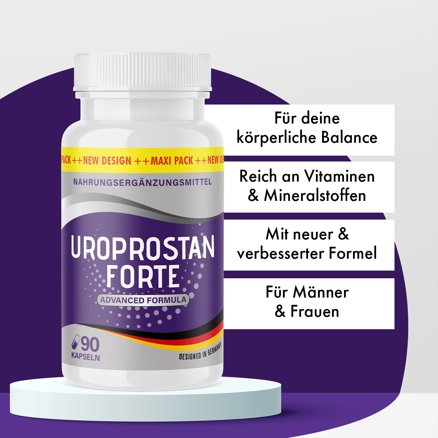 Weißes Pillenbehälter mit lila Etikett. Aufschrift: Uroprostan Forte, 90 Kapseln. Zusätzliche Textfelder mit Produktvorteilen.