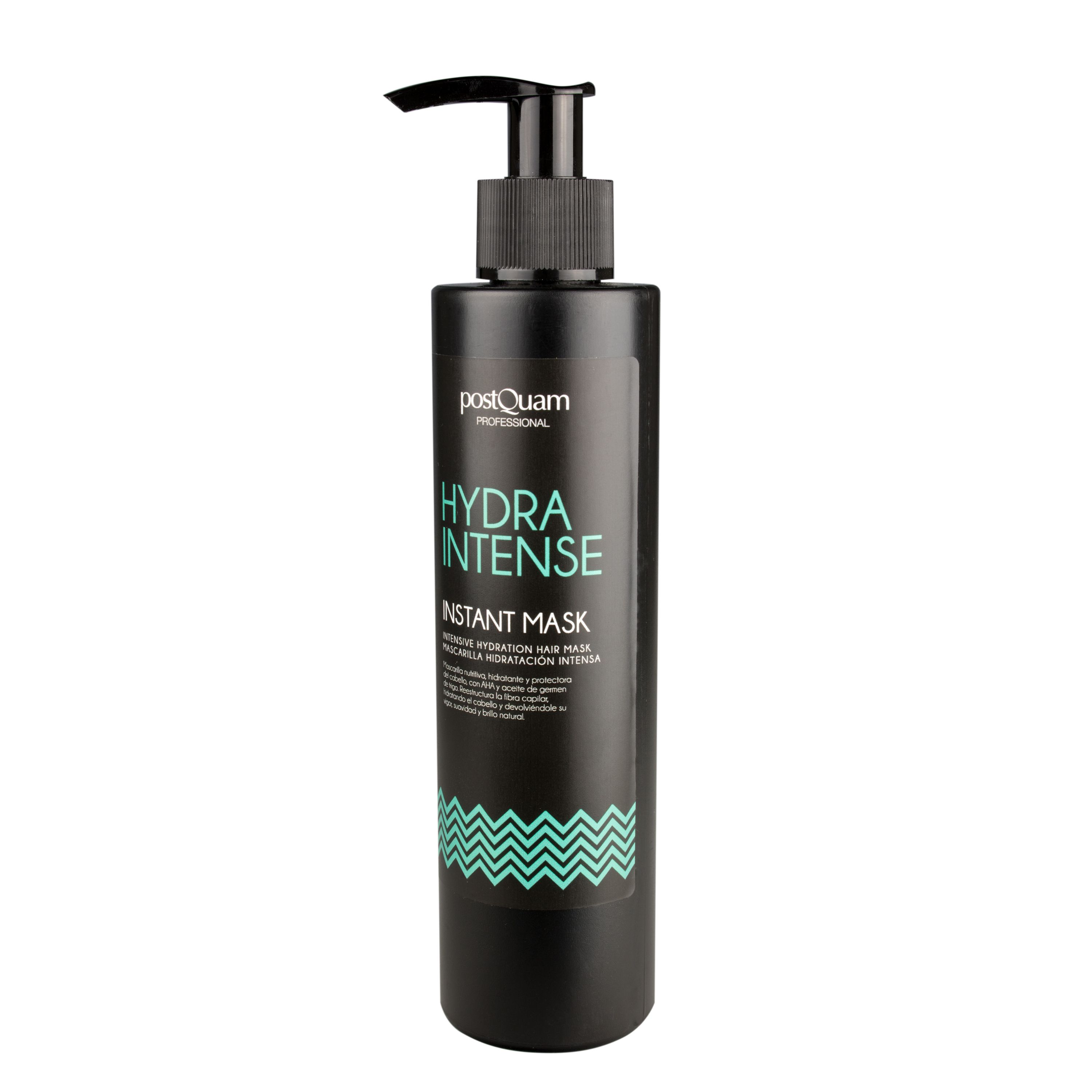 Schwarze Flasche mit Pumpe. Aufschrift: Hydra Intense Instant Mask. Grüne Wellenmuster.