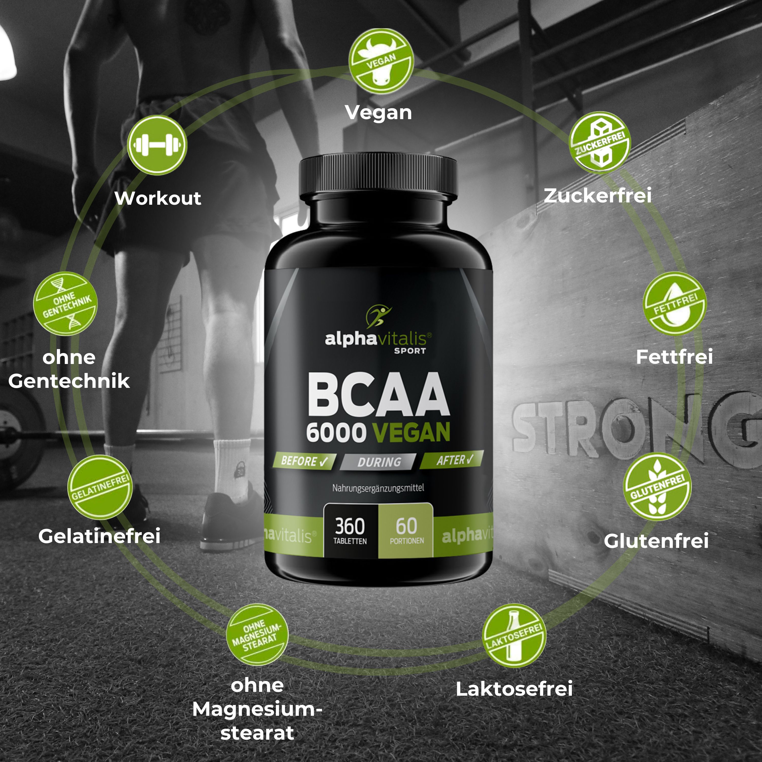 Schwarze Flasche mit BCAA 6000 Vegan Tabletten. Text: Vegan, zuckerfrei, fettfrei, glutenfrei, ohne Gentechnik, gelatinefrei, ohne Magnesiumstearat, laktosefrei.