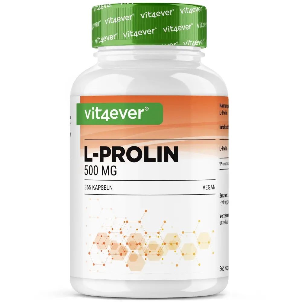 Weiße Flasche mit grünem Deckel. Aufschrift: vit4ever L-Prolin 500 MG, 365 Kapseln, vegan. Orangefarbener Streifen.