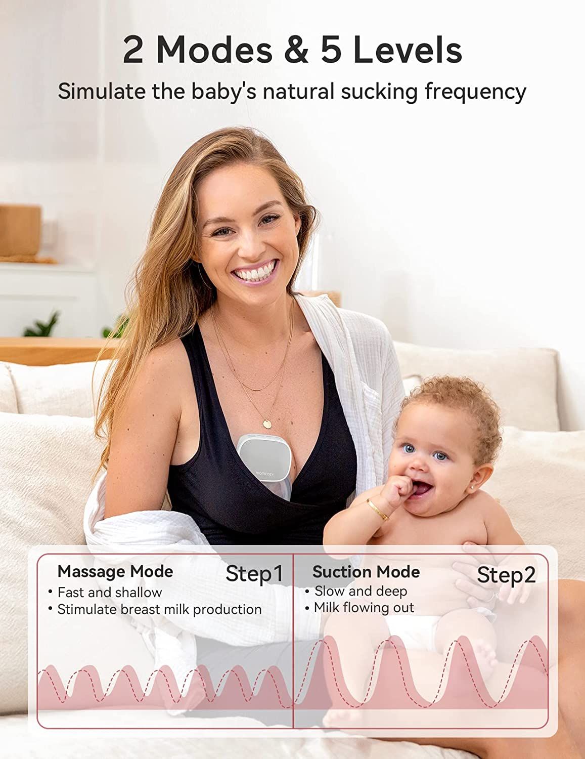 Frau mit Baby. Text: 2 Modi & 5 Stufen. Massage- und Saugmodus. Elektrische Milchpumpe im BH.