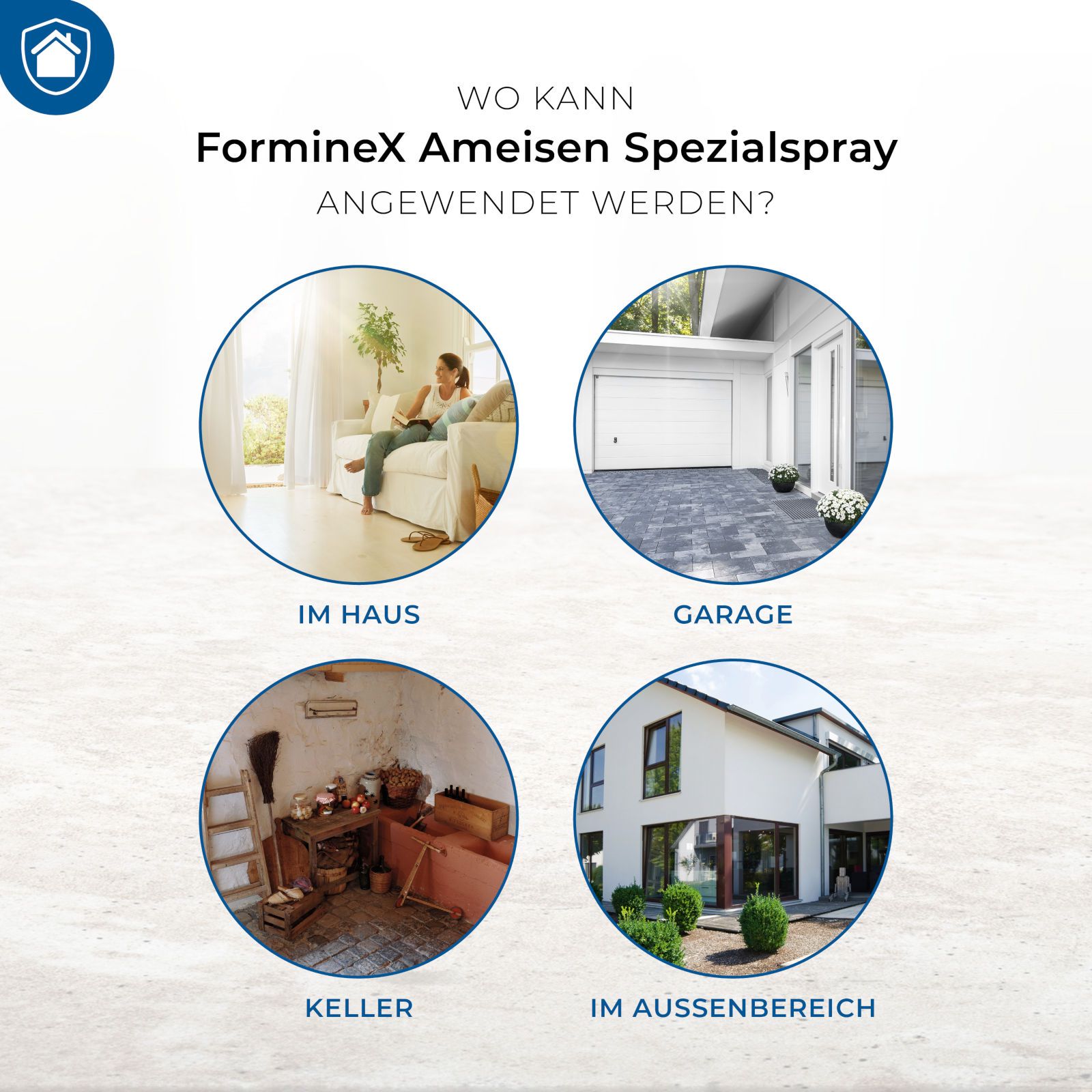 Grafik mit vier Kreisen. Text: Wo kann FormineX Ameisen Spezialspray angewendet werden? Bilder: Haus, Garage, Keller, Außenbereich.