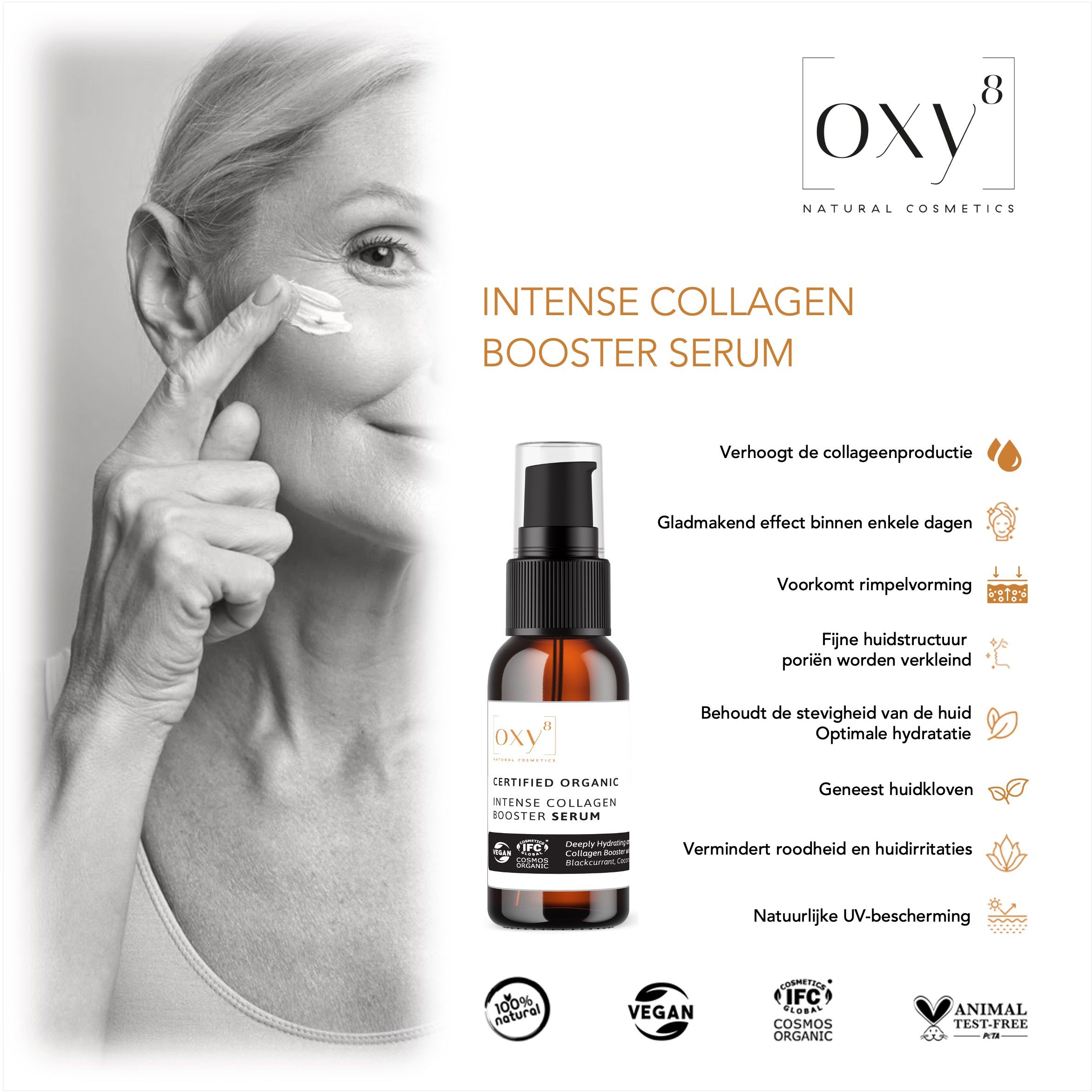 Vrouw brengt serum aan. Productfles en tekst met productvoordelen. Logo van oxy8 Naturkosmetik.