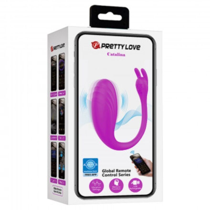 Verpackung mit Produktabbildung. Text: PRETTY LOVE, Catalina. Abbildung eines lila Vibrators. Global Remote Control Series.