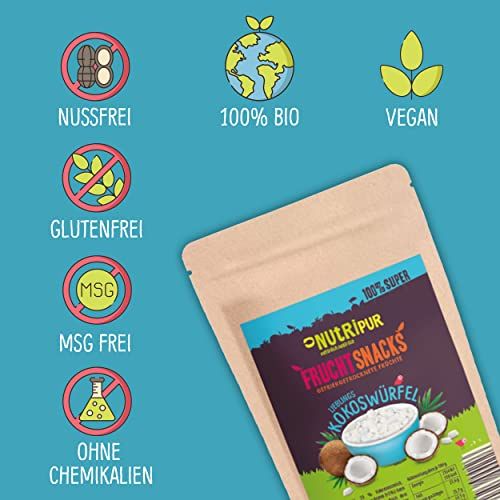 Beutel mit NutriPur Kokoswürfeln. Symbole: nussfrei, 100% Bio, vegan, glutenfrei, MSG-frei, ohne Chemikalien.