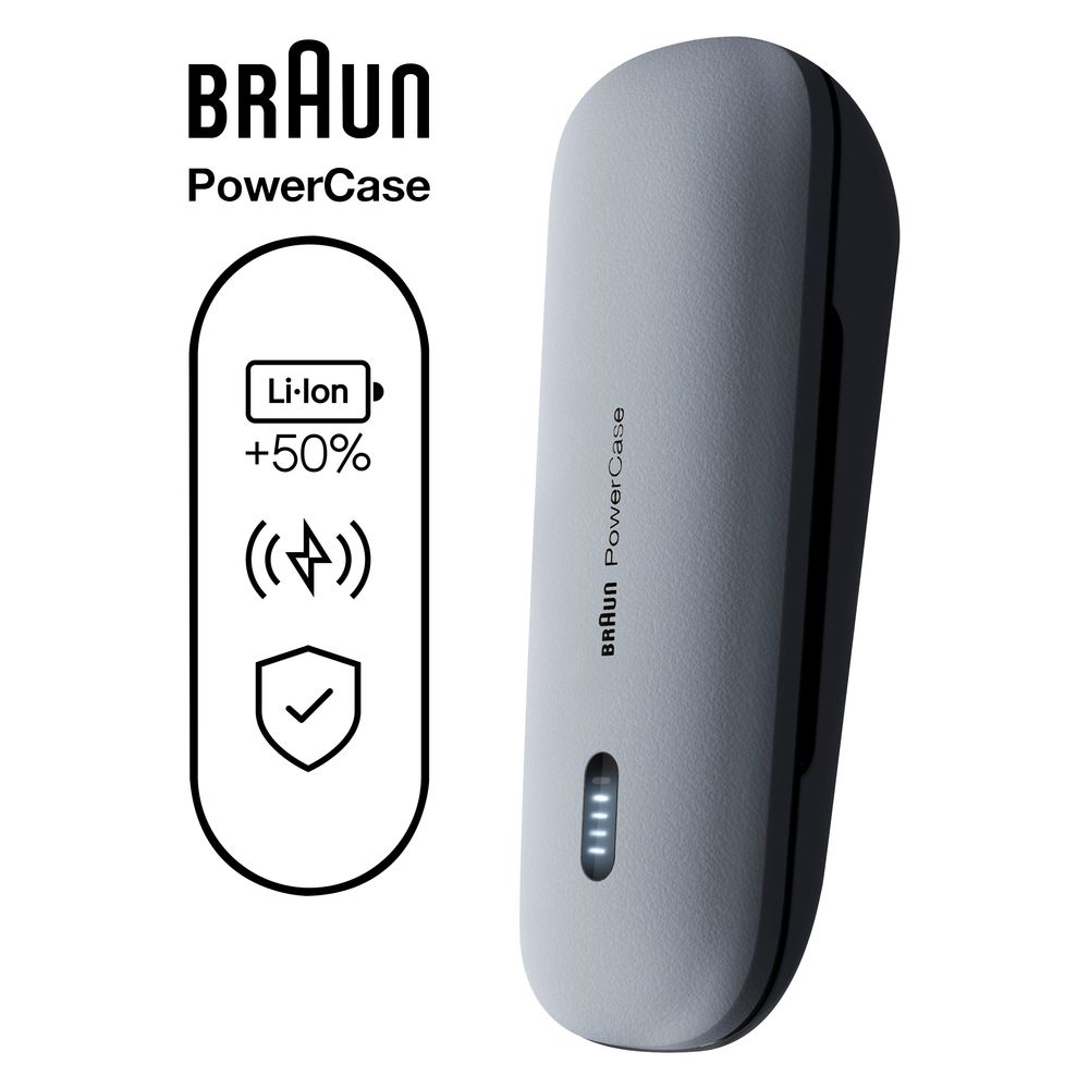 Grau-schwarzes Ladeetui mit Ladeanzeige. Auf dem Etui steht "Braun Power Case".